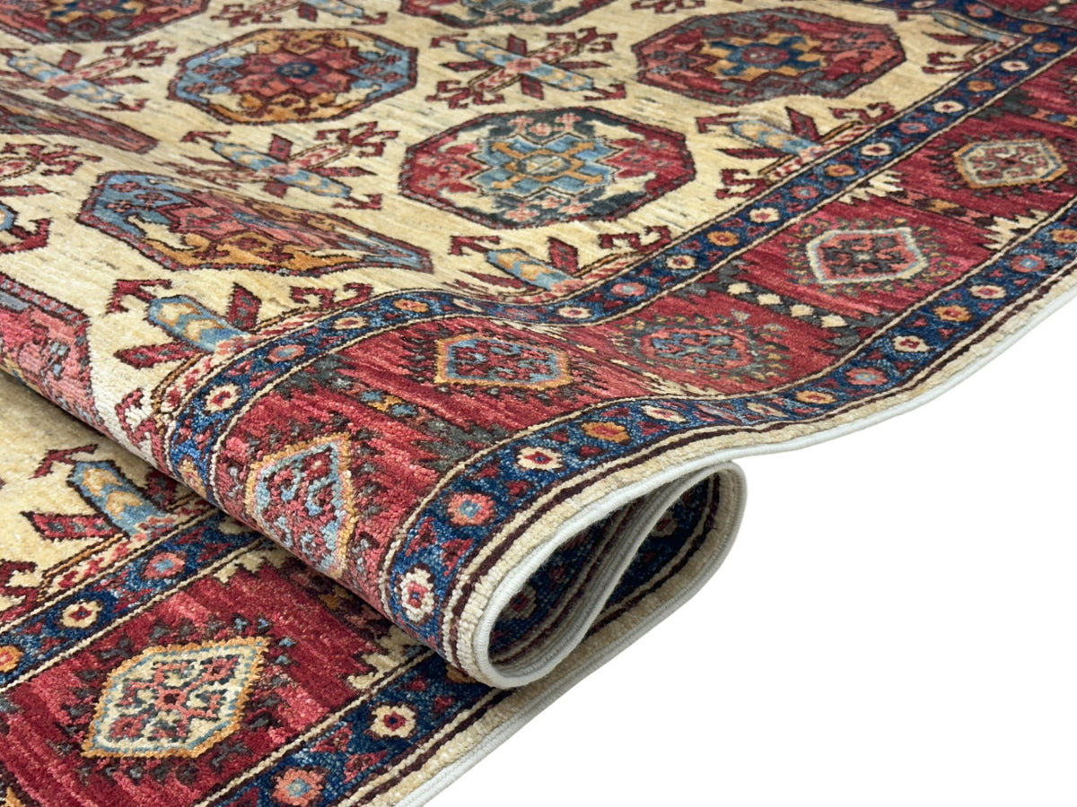 Afghan Bukhara Rug 4'10" x 6'9", Hand-Knotted Wool, Cream & Red, view 3