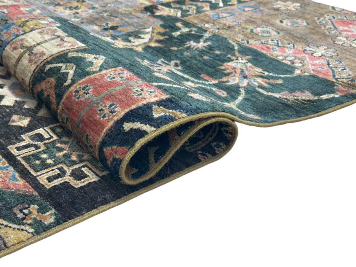 Afghan Rug 4x6, Gold, Green & Red, Hand-Knotted Wool, view 3