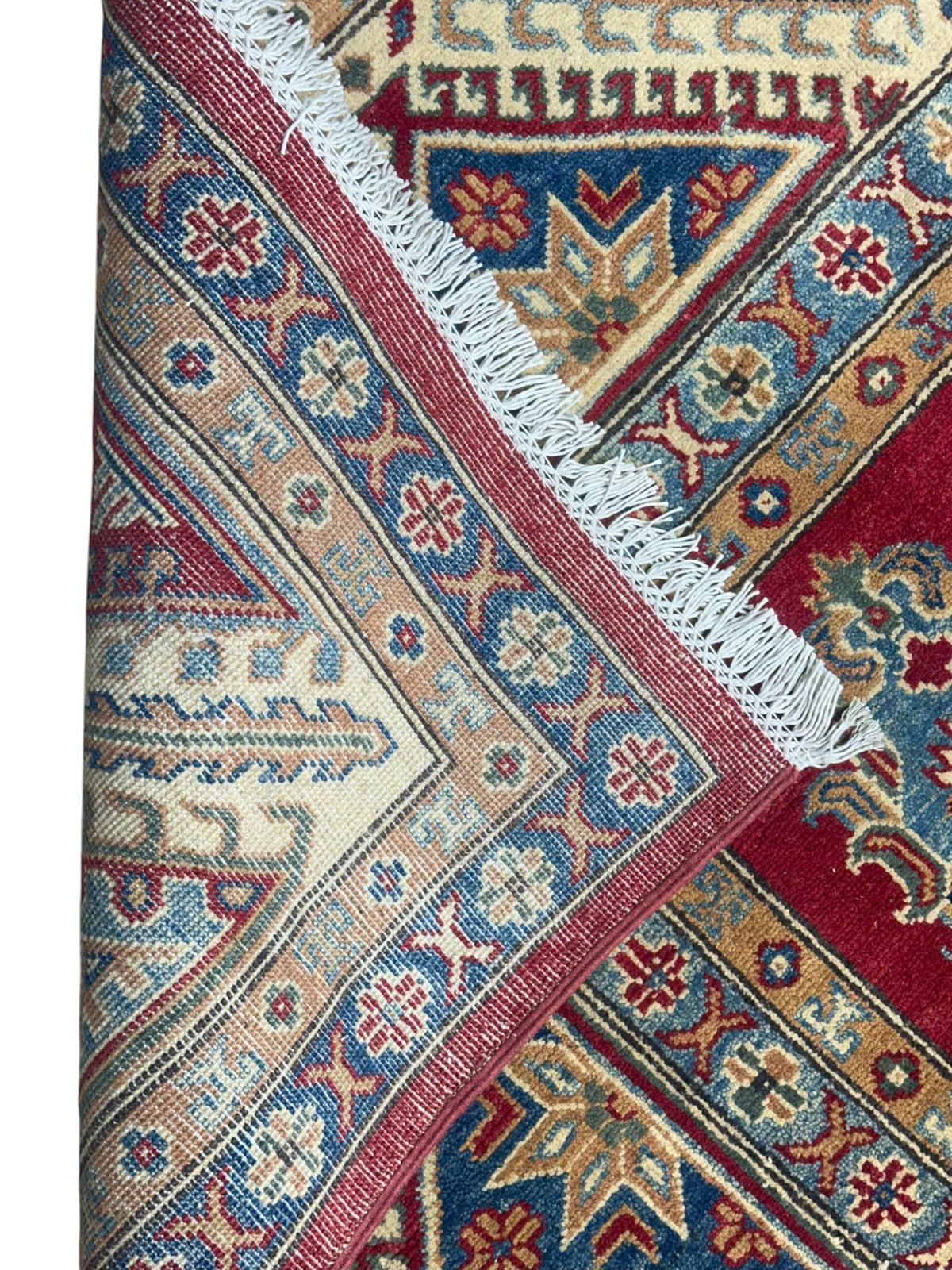 Afghan Kazak Rug 8'11" x 11'10", Hand-Knotted Wool, Cream & Red, view 4