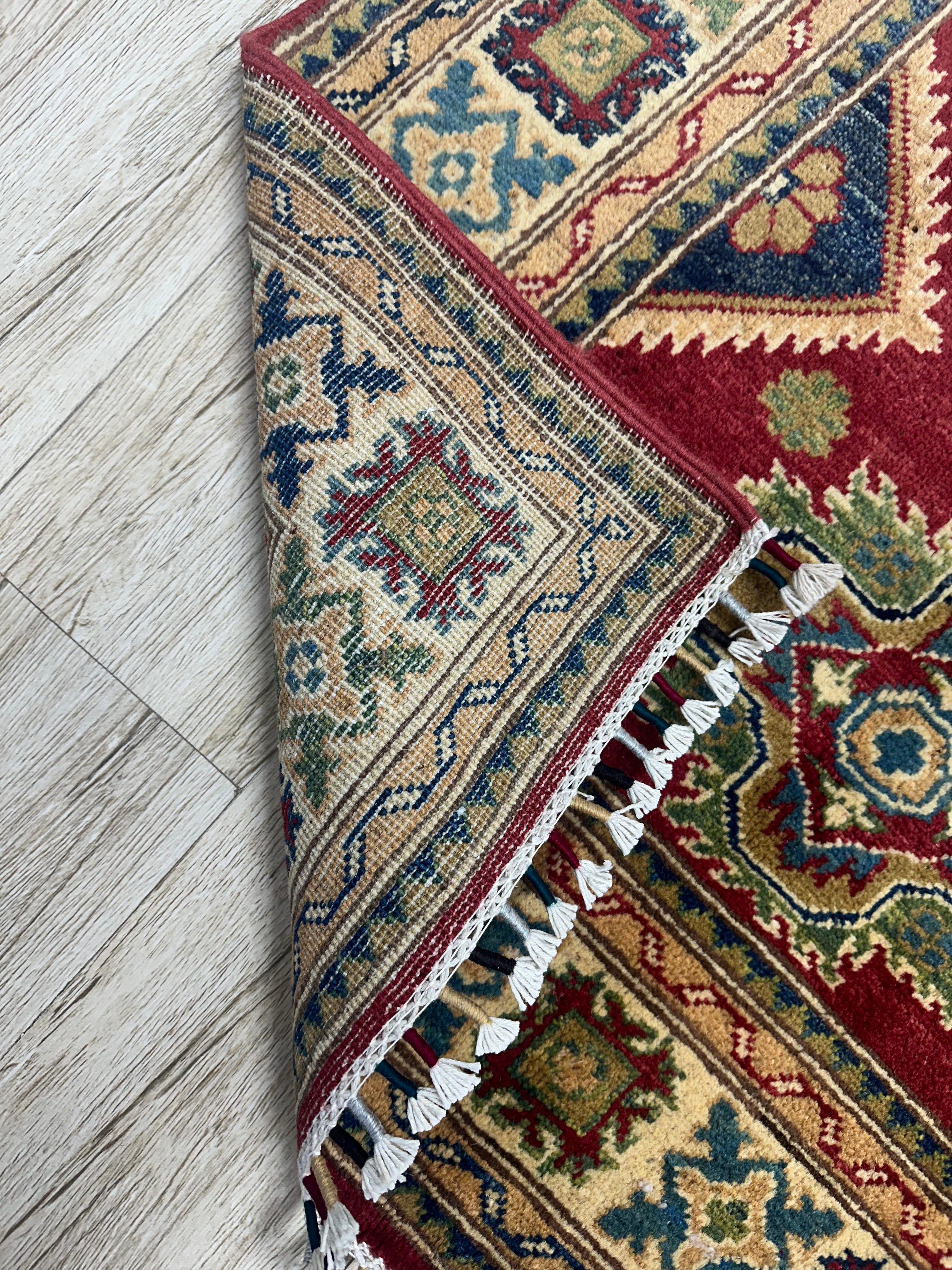 Afghan Kazak Rug 3'3" x 4'10", Hand-Knotted Wool, Red, view 6