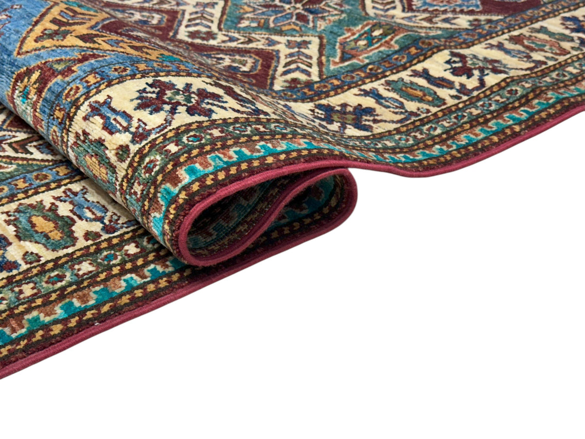 Afghan Kazak Runner 2'6" x 9'8", Hand-Knotted Wool, Blue & Camel, view 4
