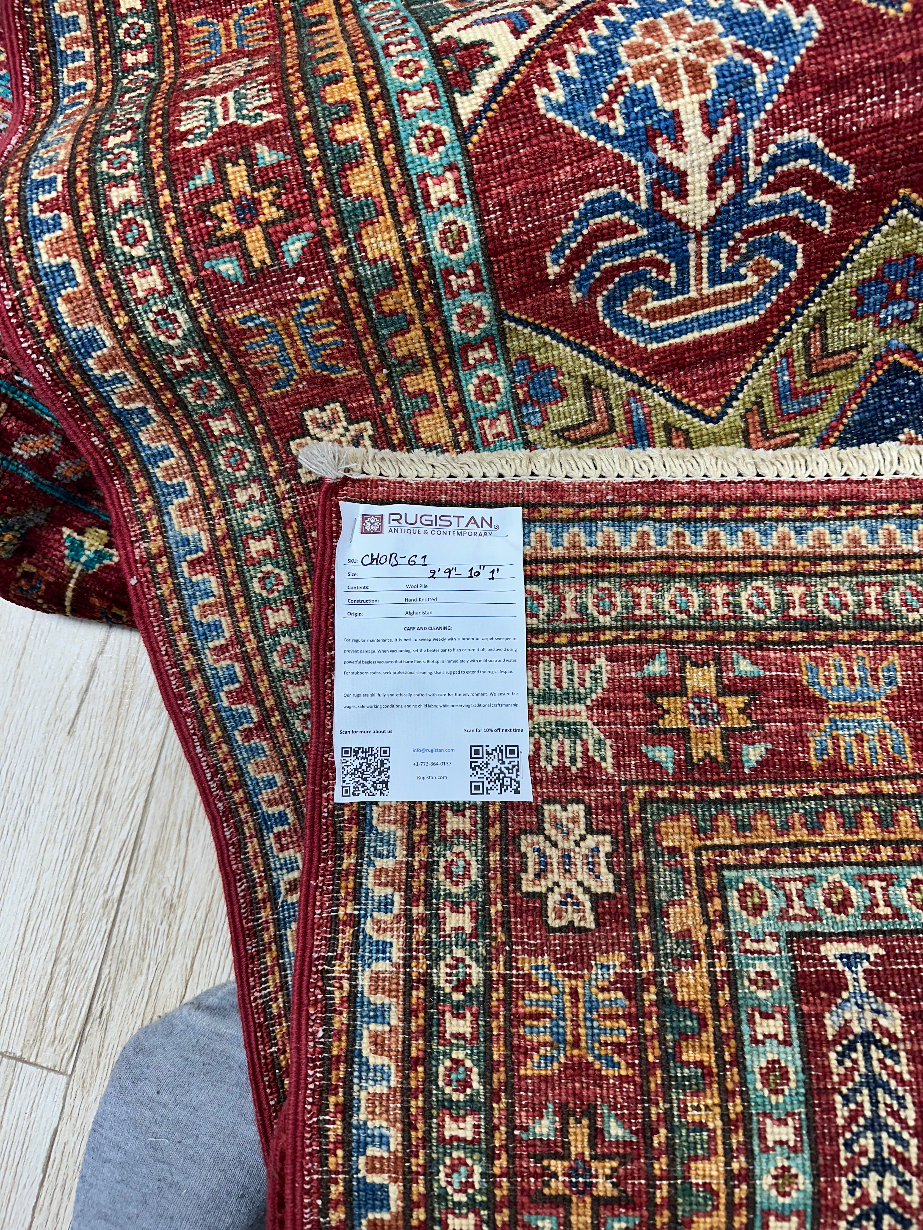 Afghan Kashi Runner 2'9" x 10'1", Hand-Knotted Wool, Red, view 5