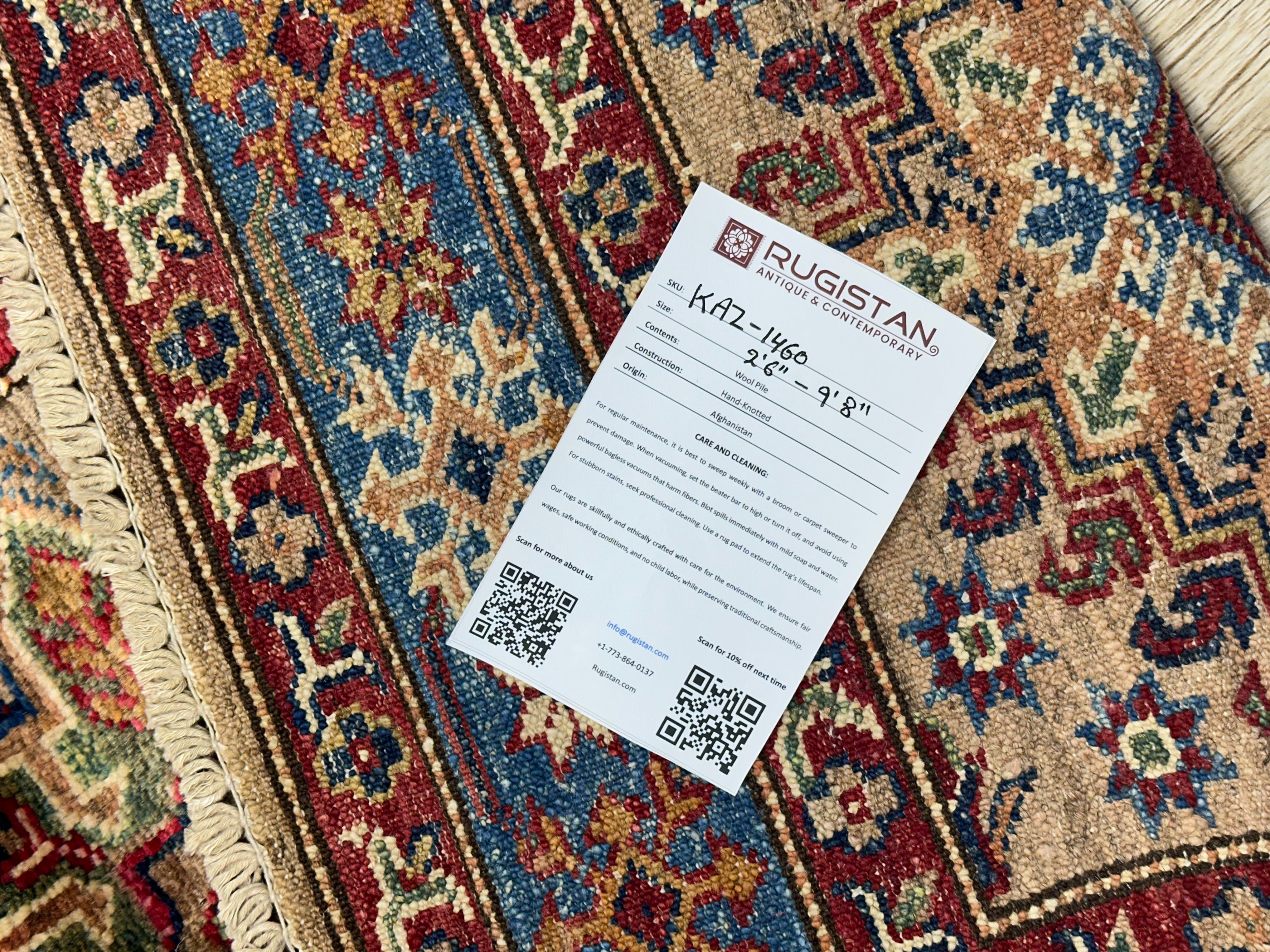 Afghan Kazak Runner 2'6" x 9'8", Hand-Knotted Wool, Blue & Camel, view 5