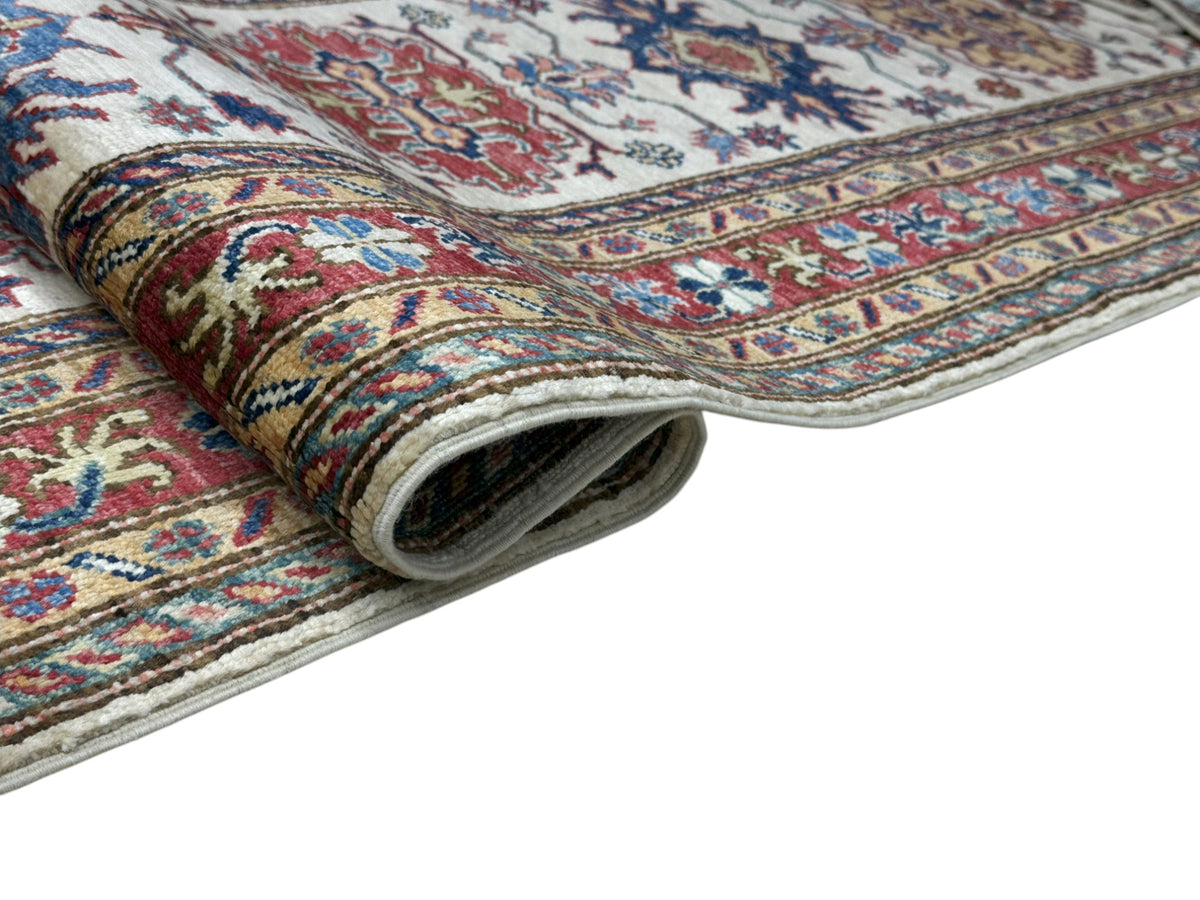 Afghan Super Kazak Runner 2'7" x 10'2", Hand-Knotted Wool, Cream, view 4