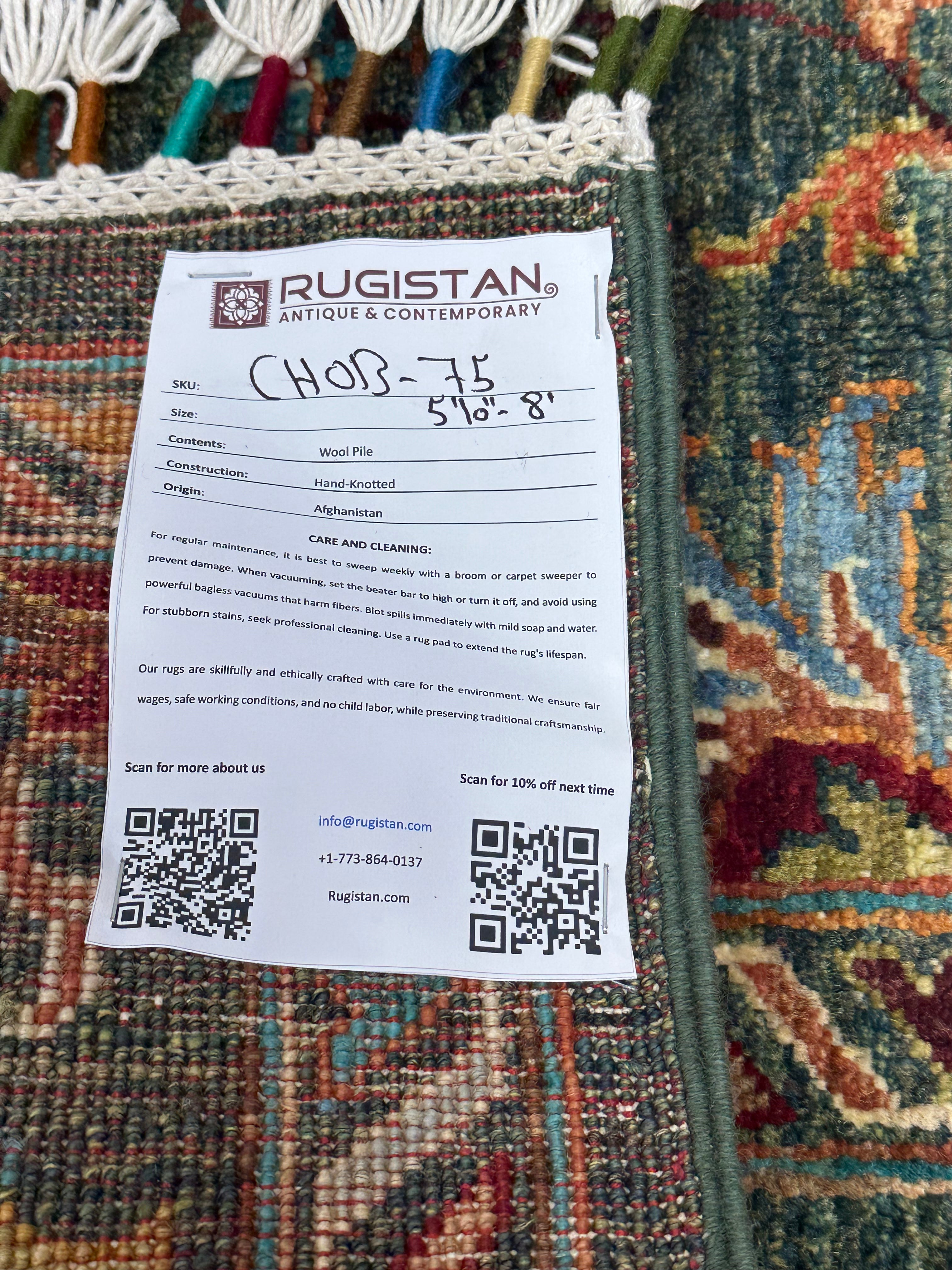 Afghan Chobi Sultani Rug 5'10" x 8', Hand-Knotted Ghazni Wool, Green, view 5