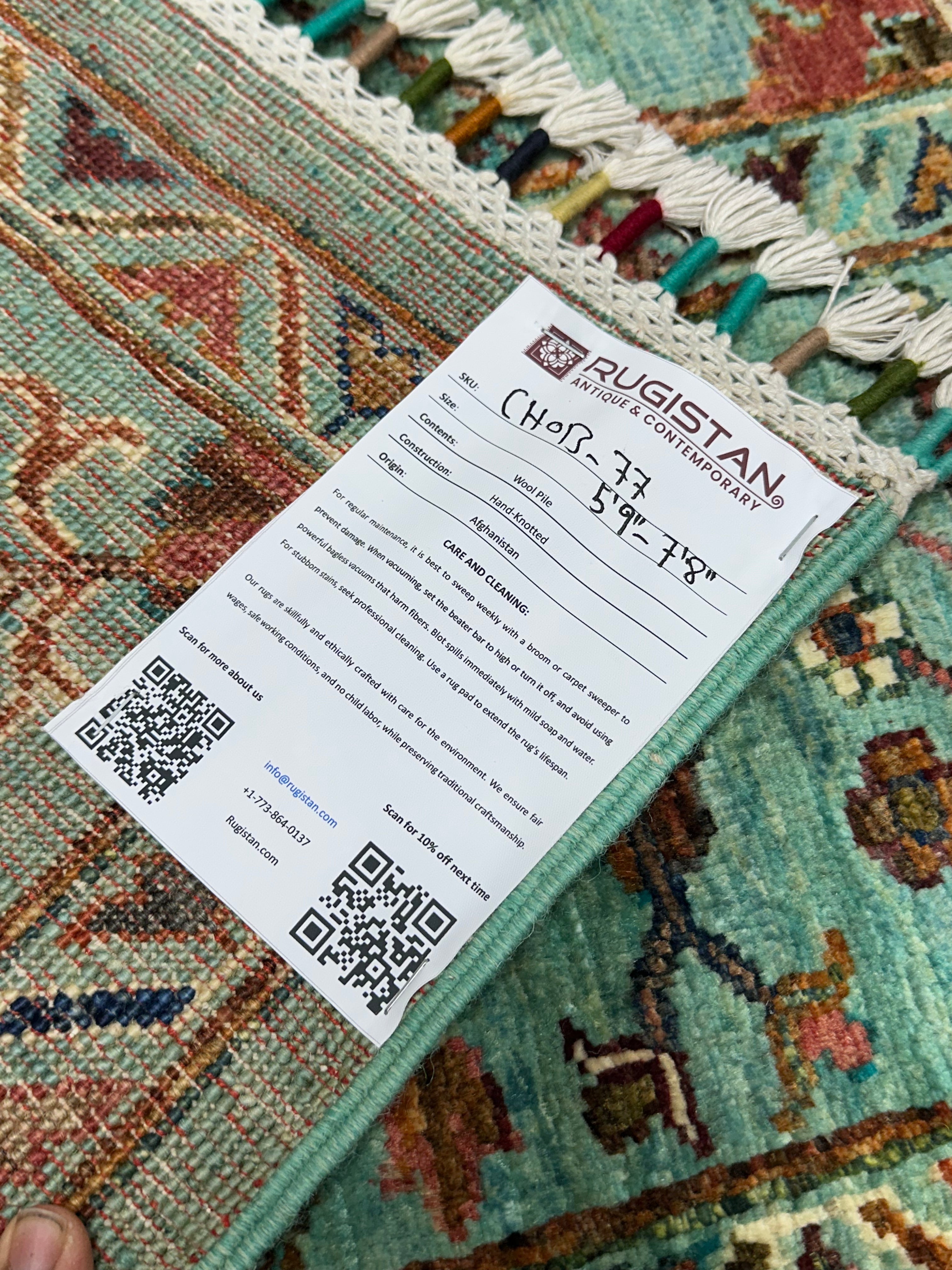 Afghan Chobi Sultani Rug 5'9" x 10'8", Hand-Knotted Ghazni Wool, Blue, view 5