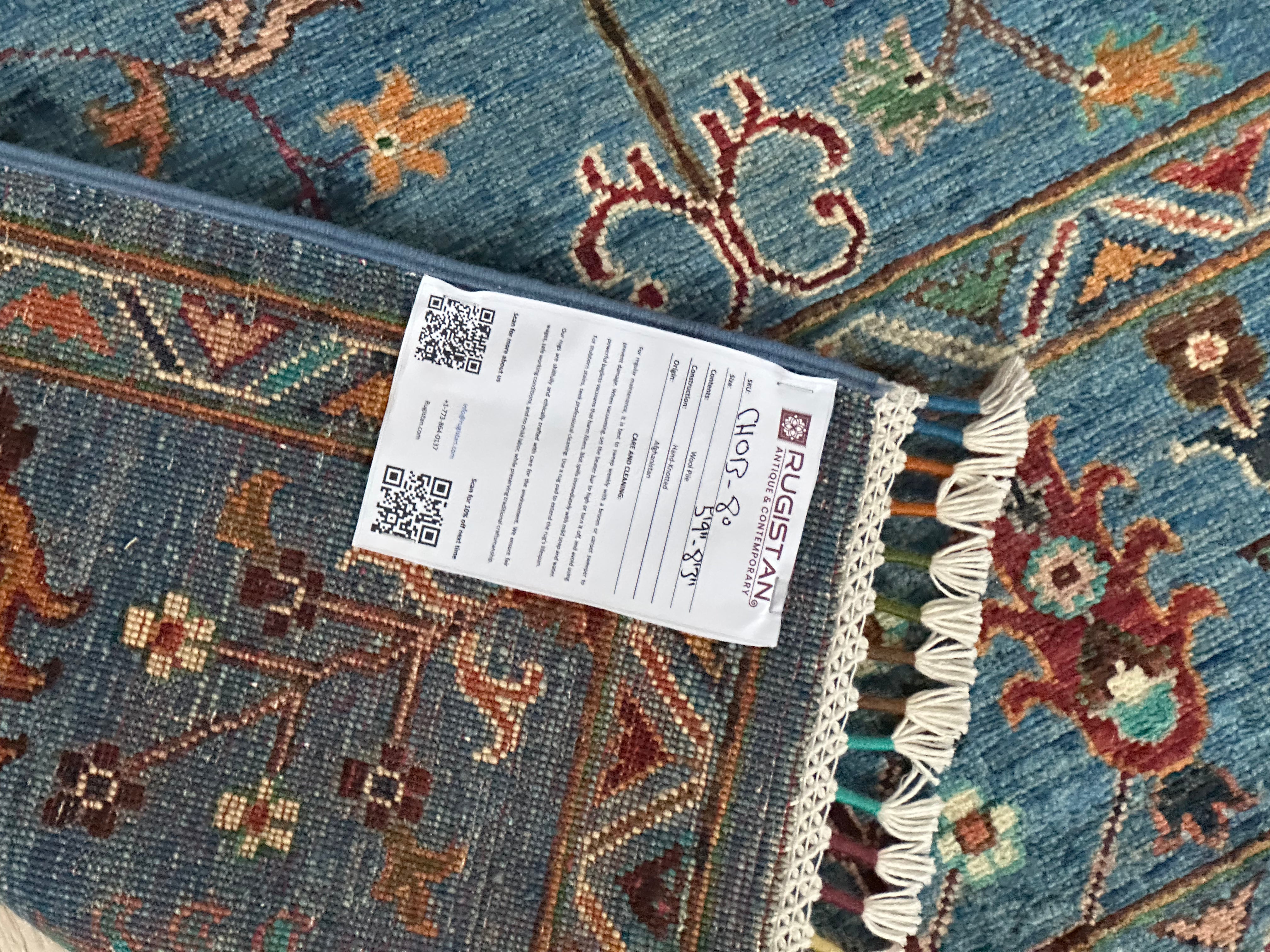 Afghan Chobi Sultani Rug 5'9" x 8'2", Hand-Knotted Ghazni Wool, Blue, view 5