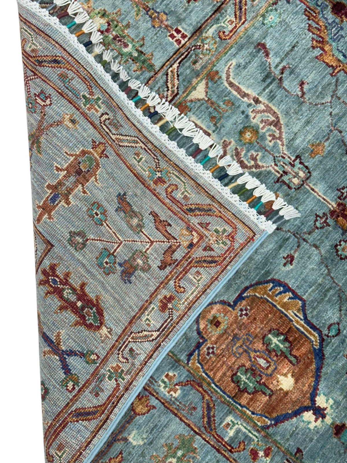 Afghan Chobi Rug 6x8, Light Blue, Rust & Red, Hand-Knotted Wool, view 4