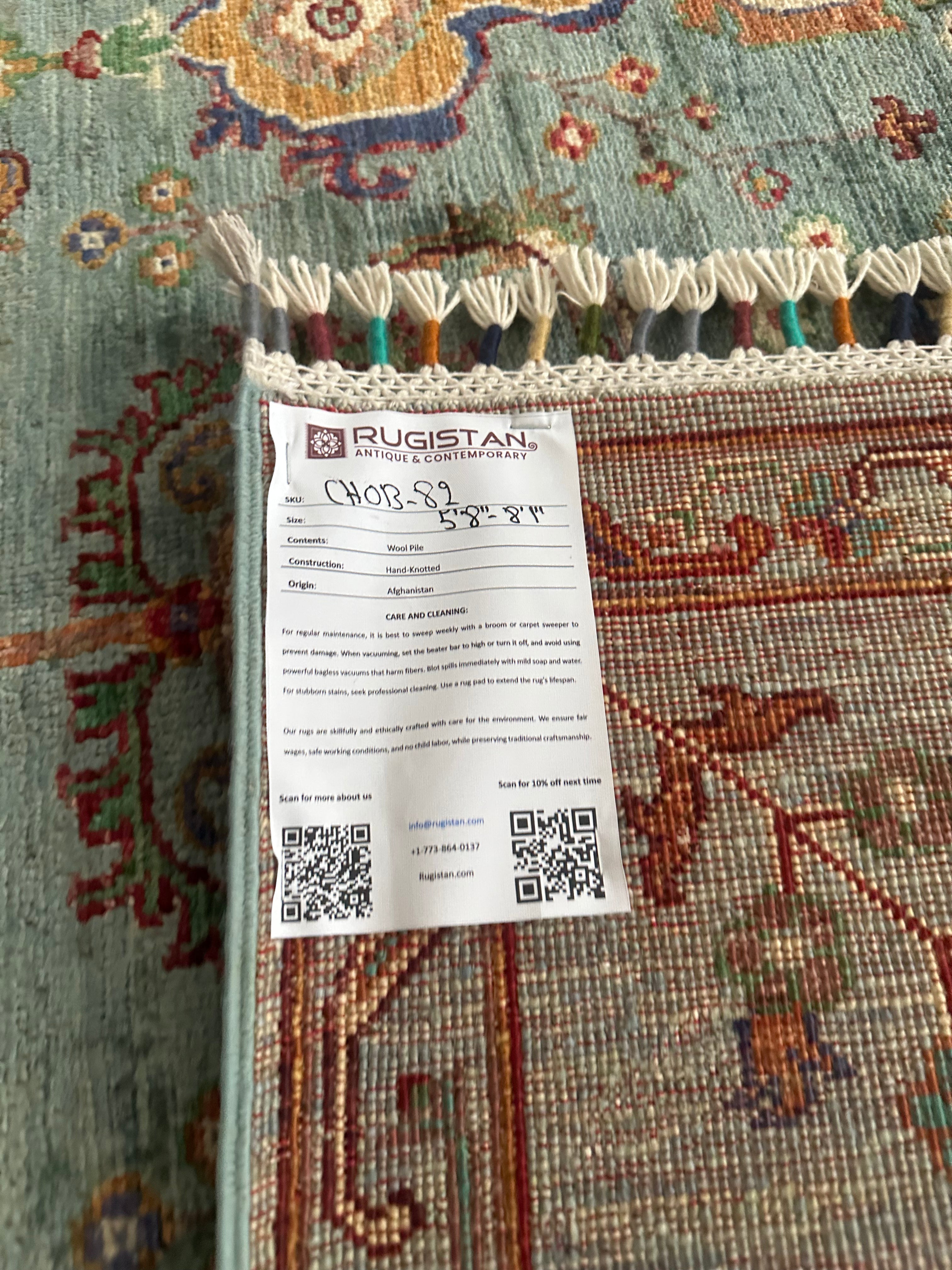 Afghan Chobi Rug 6x8, Light Blue, Rust & Red, Hand-Knotted Wool, view 5