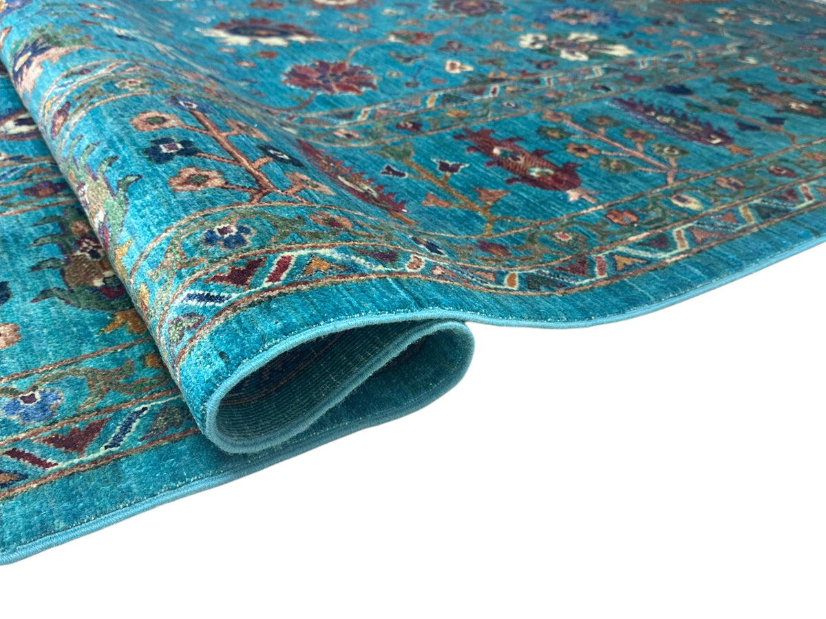 Afghan Chobi Sultani Rug 8'11" x 12'2", Hand-Knotted Wool, Turquoise, view 4