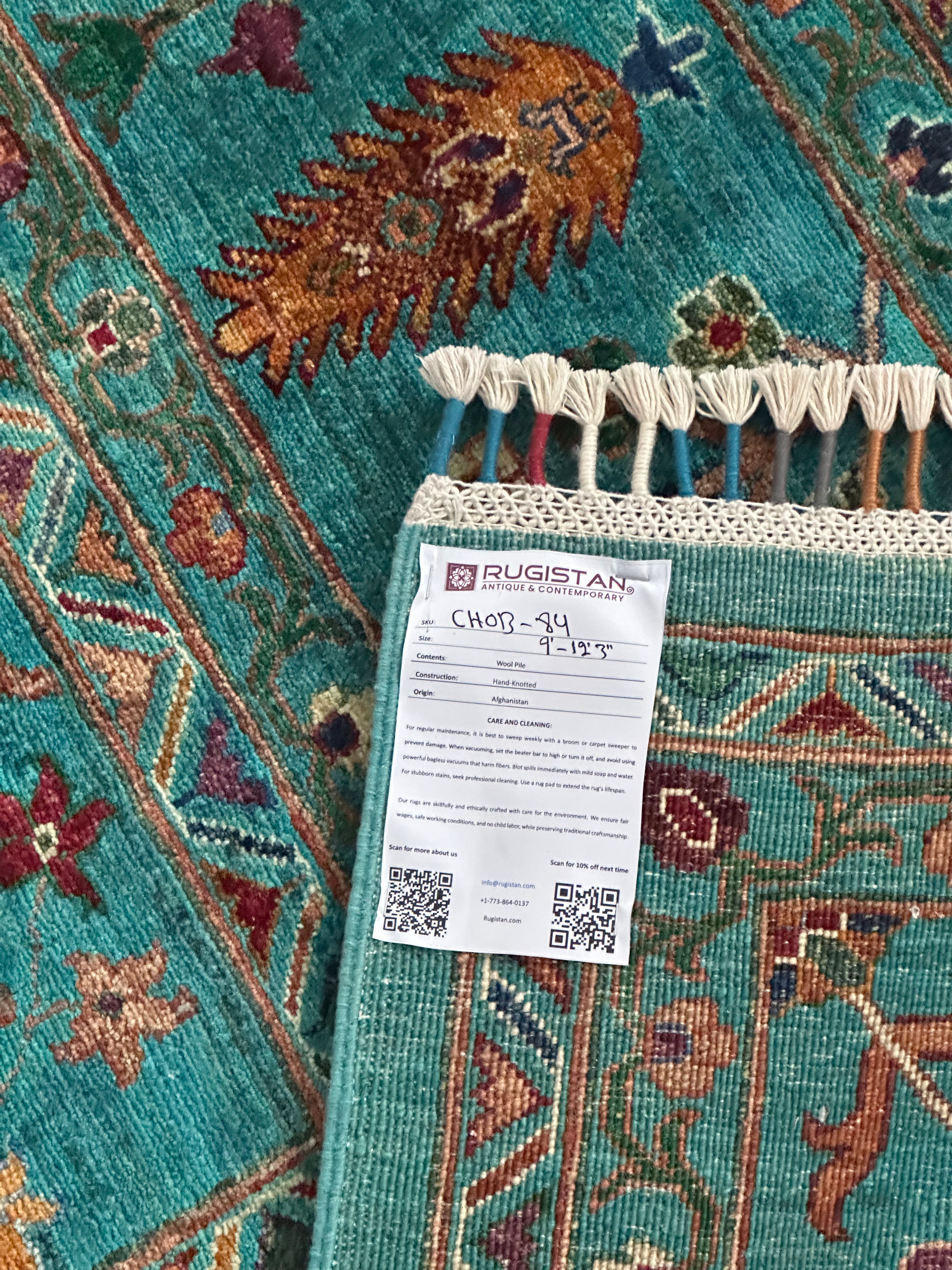 Afghan Chobi Sultani Rug 8'11" x 12'2", Hand-Knotted Wool, Turquoise, view 5