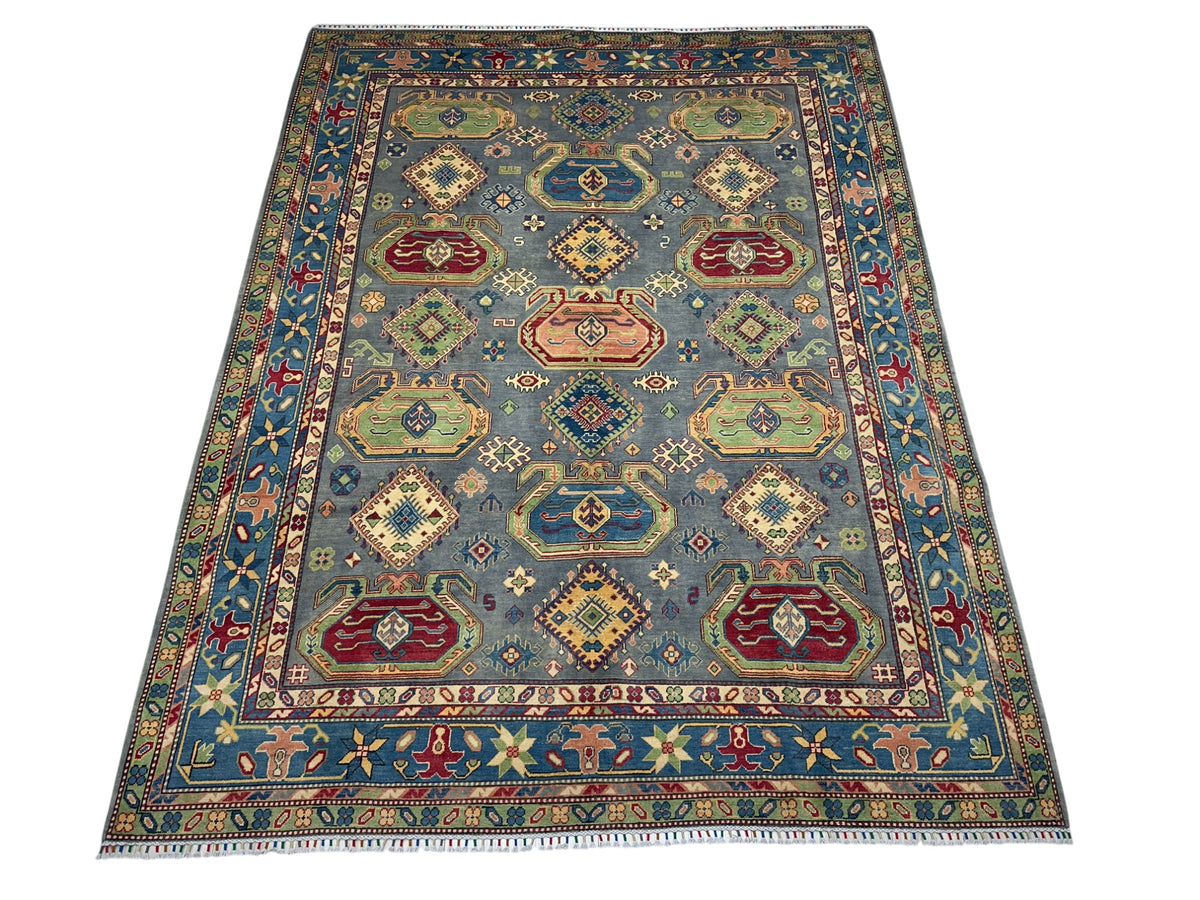 Afghan Kazak Rug 8'3" x 10'8", Hand-Knotted Wool, Navy, Red & Green, view 8