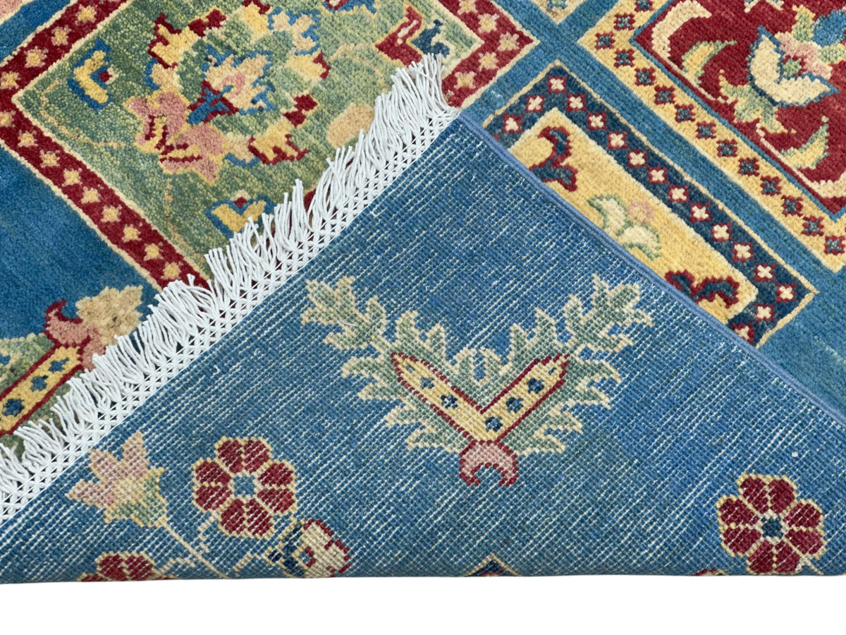 Afghan Kazak Tribal Rug 5x7, Blue, Gold, Red & Ivory, Hand-Knotted Wool, view 4