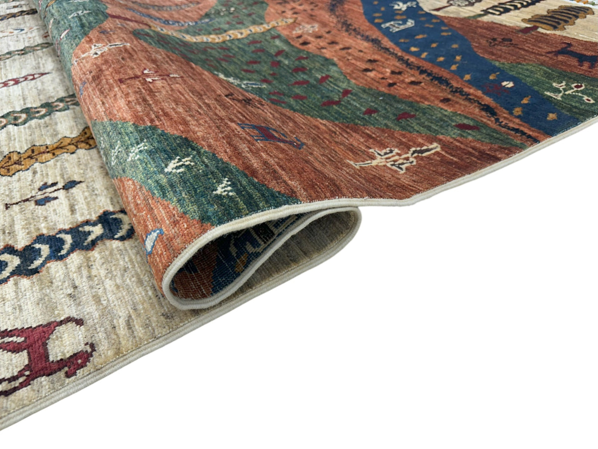 Afghan Gabbeh Rug 5x7, Ivory, Rust & Green, Hand-Knotted Wool, view 3