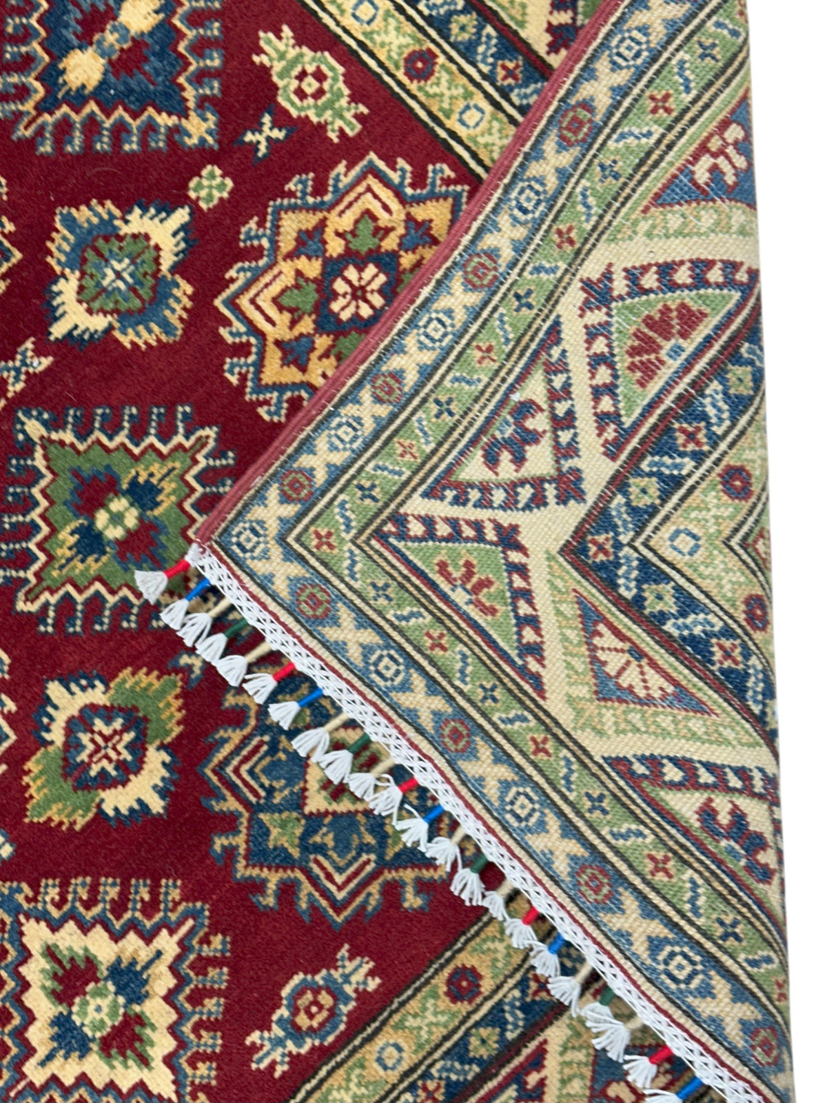 Afghan Kazak Rug 4x6, Red, Ivory & Green, Hand-Knotted Wool, view 4
