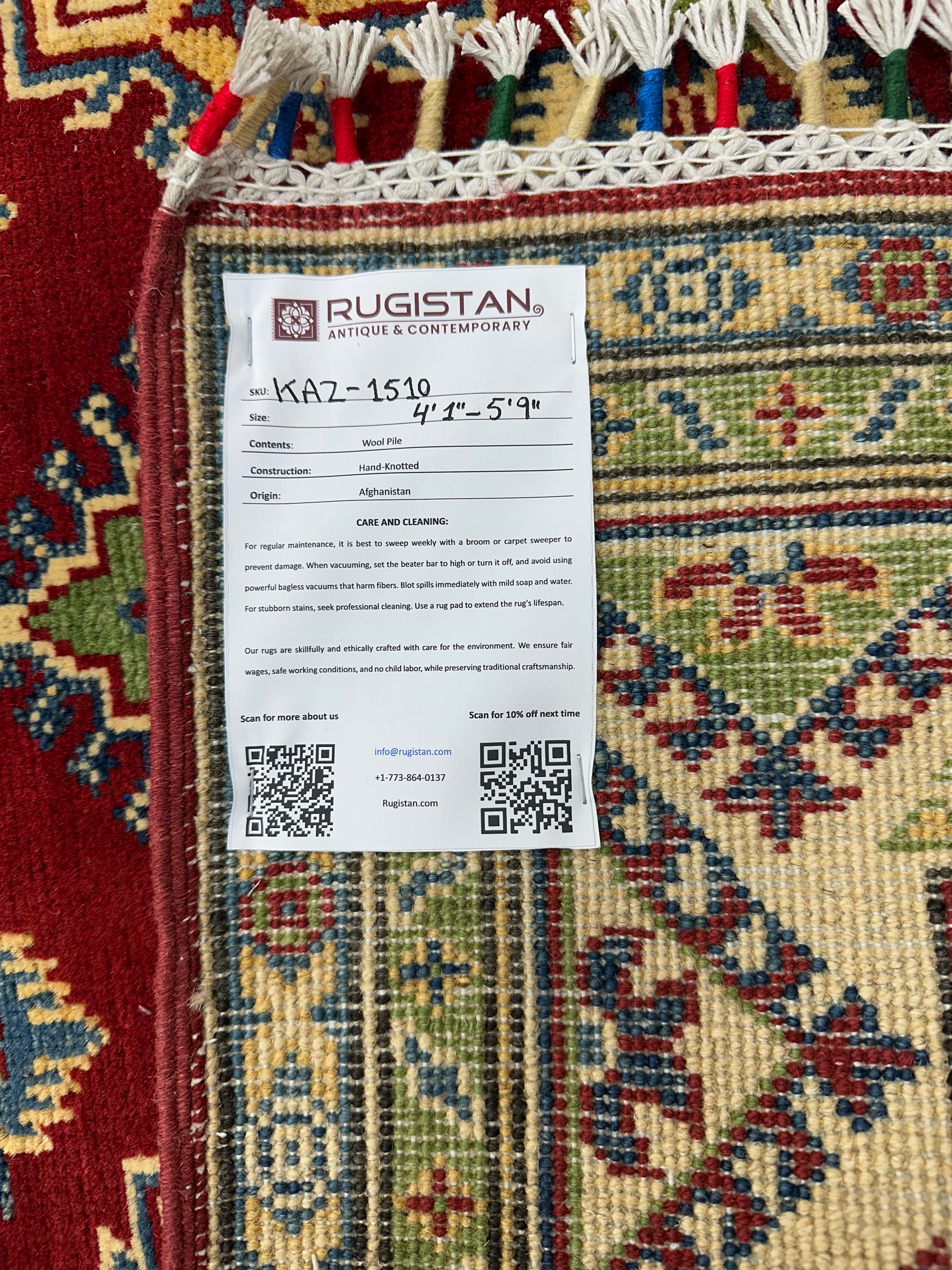 Afghan Kazak Rug 4x6, Red, Ivory & Green, Hand-Knotted Wool, view 5