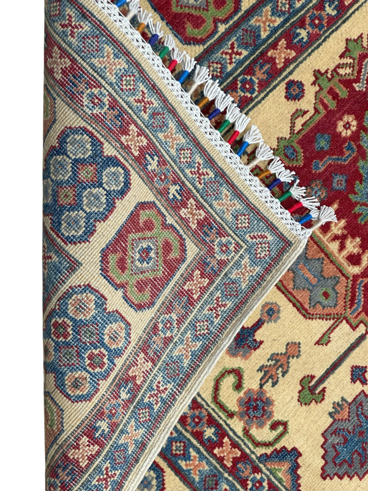 Afghan Kazak Rug 4'11" x 6'7", Hand-Knotted Wool, Cream & Green, view 4