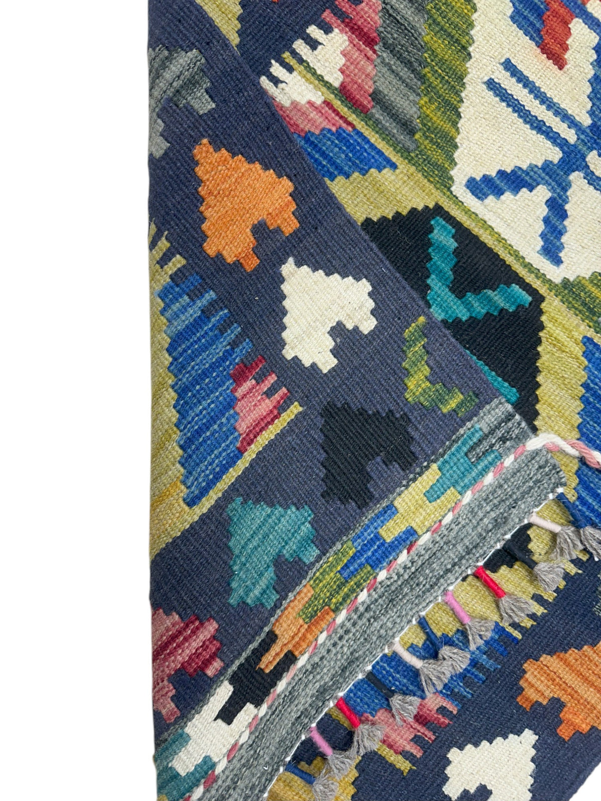 Afghan Kilim Runner 2x6, Navy, Gold & Ivory, Hand-Woven Wool Flatweave, view 3