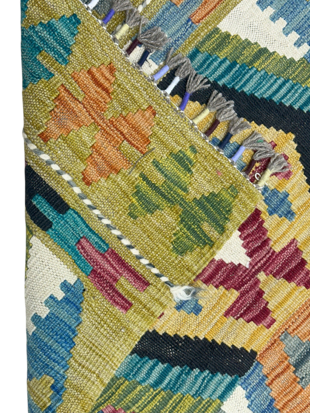 Afghan Kilim Runner 2x7, Gold, Ivory & Black, Hand-Woven Wool Flatweave, view 3