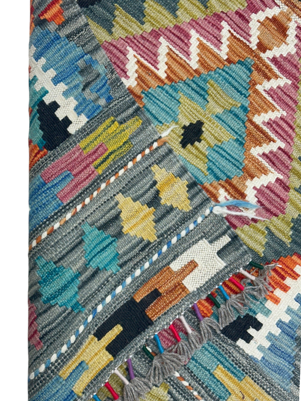 Afghan Kilim Runner 2x6, Teal, Rust & Ivory, Hand-Woven Wool Flatweave, view 3