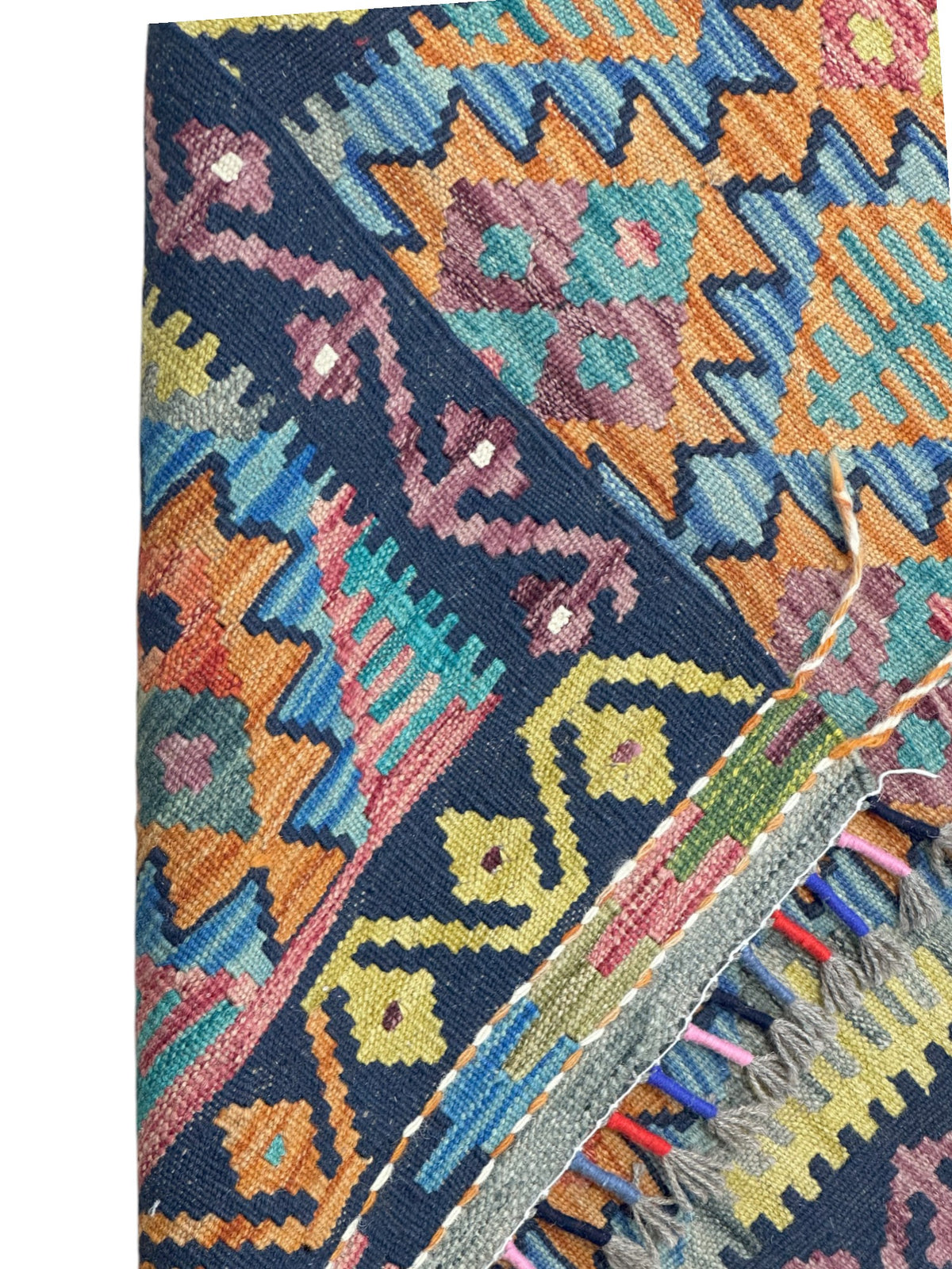 Afghan Kilim Runner 2x7, Navy, Orange & Teal, Hand-Woven Wool Flatweave, view 3