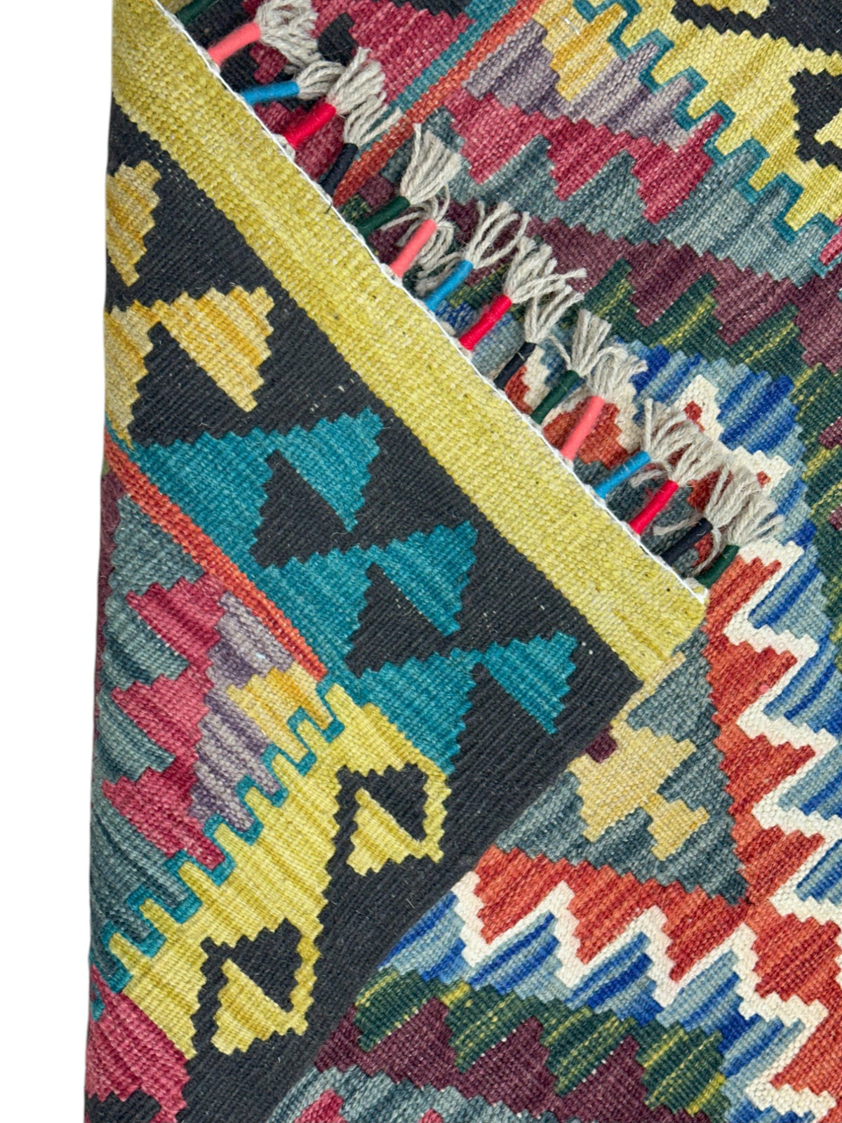 Afghan Kilim Runner 2x6, Black, Rust & Olive Green, Hand-Woven Wool Flatweave, view 3