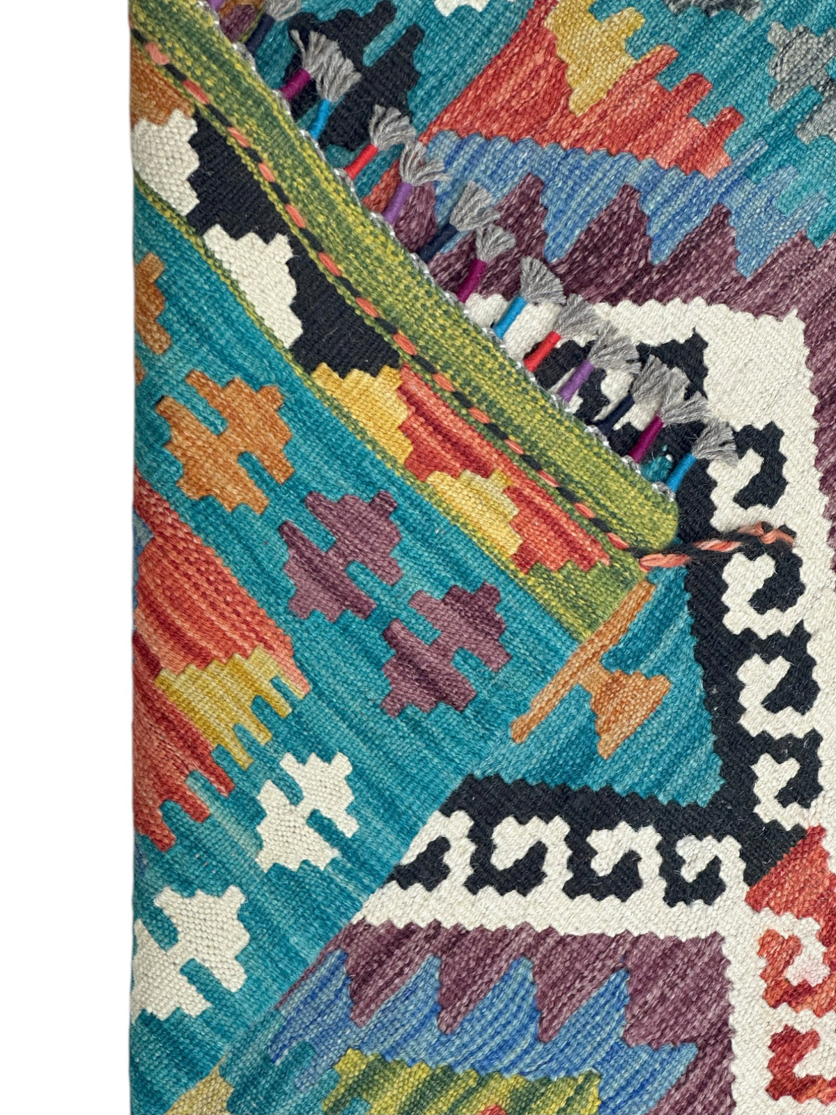 Afghan Kilim Runner 2x6, Teal, Ivory & Black, Hand-Woven Wool Flatweave, view 3