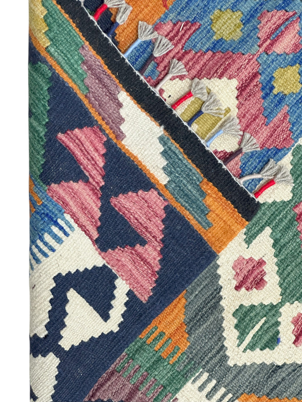 Afghan Kilim Rug 3x4, Navy, Orange & Gray, Hand-Woven Wool Flatweave, view 3