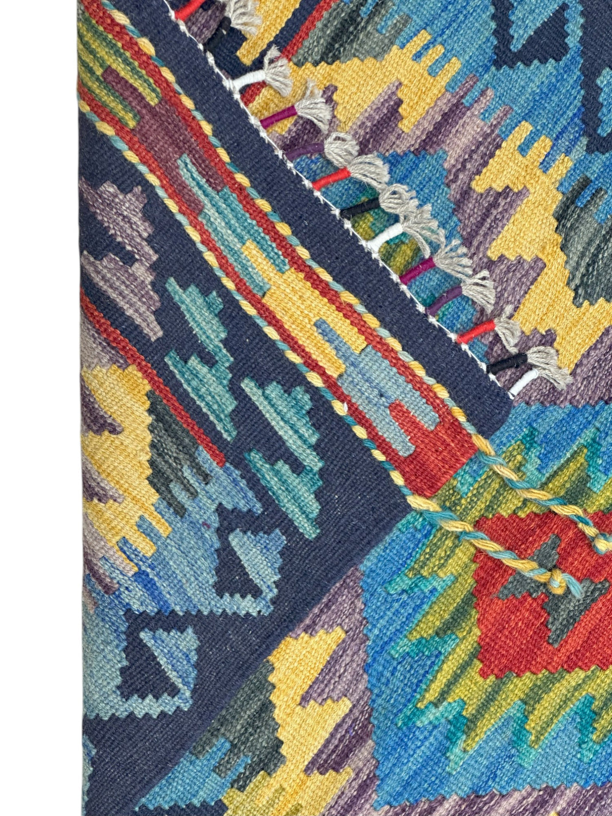 Afghan Kilim Runner 2x6, Navy, Blue & Gold, Hand-Woven Wool Flatweave, view 3