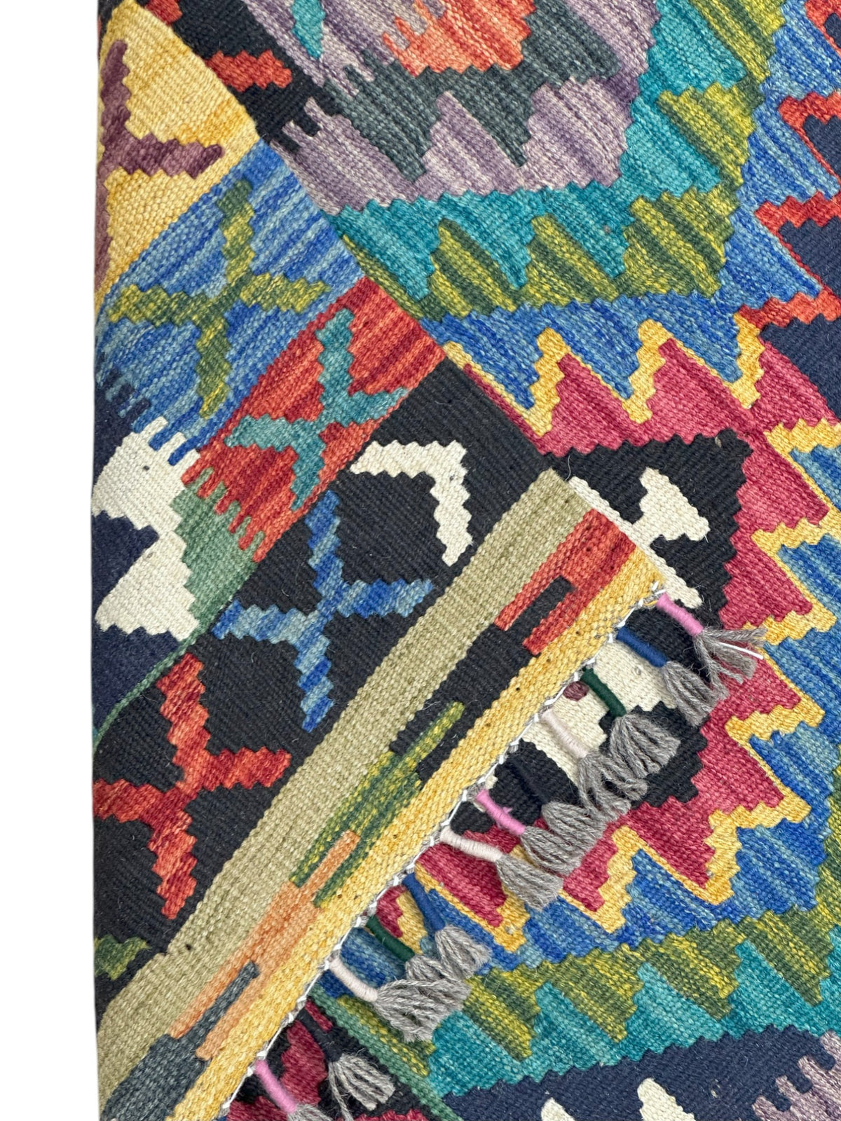 Afghan Kilim Runner 2x7, Teal, Green & Navy, Hand-Woven Wool Flatweave, view 3