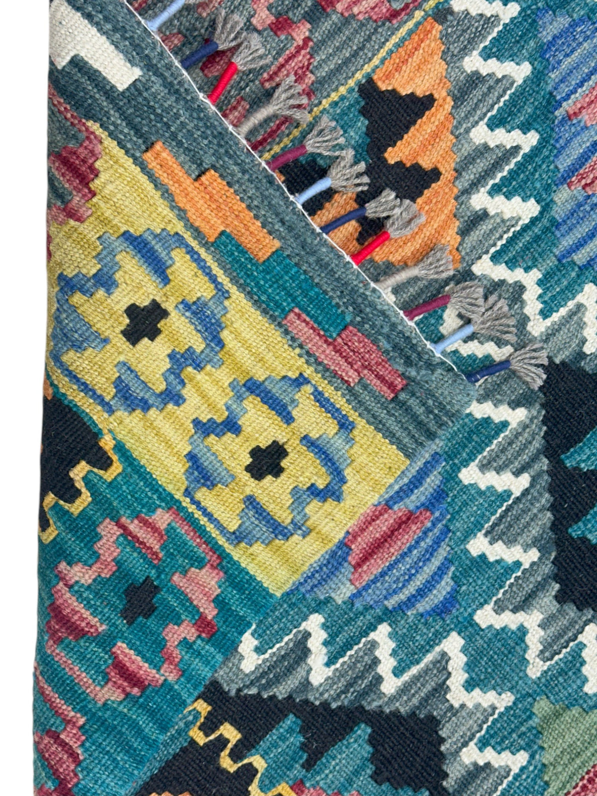 Afghan Kilim Rug 3x4, Teal, Gray & Yellow, Hand-Woven Wool Flatweave, view 3