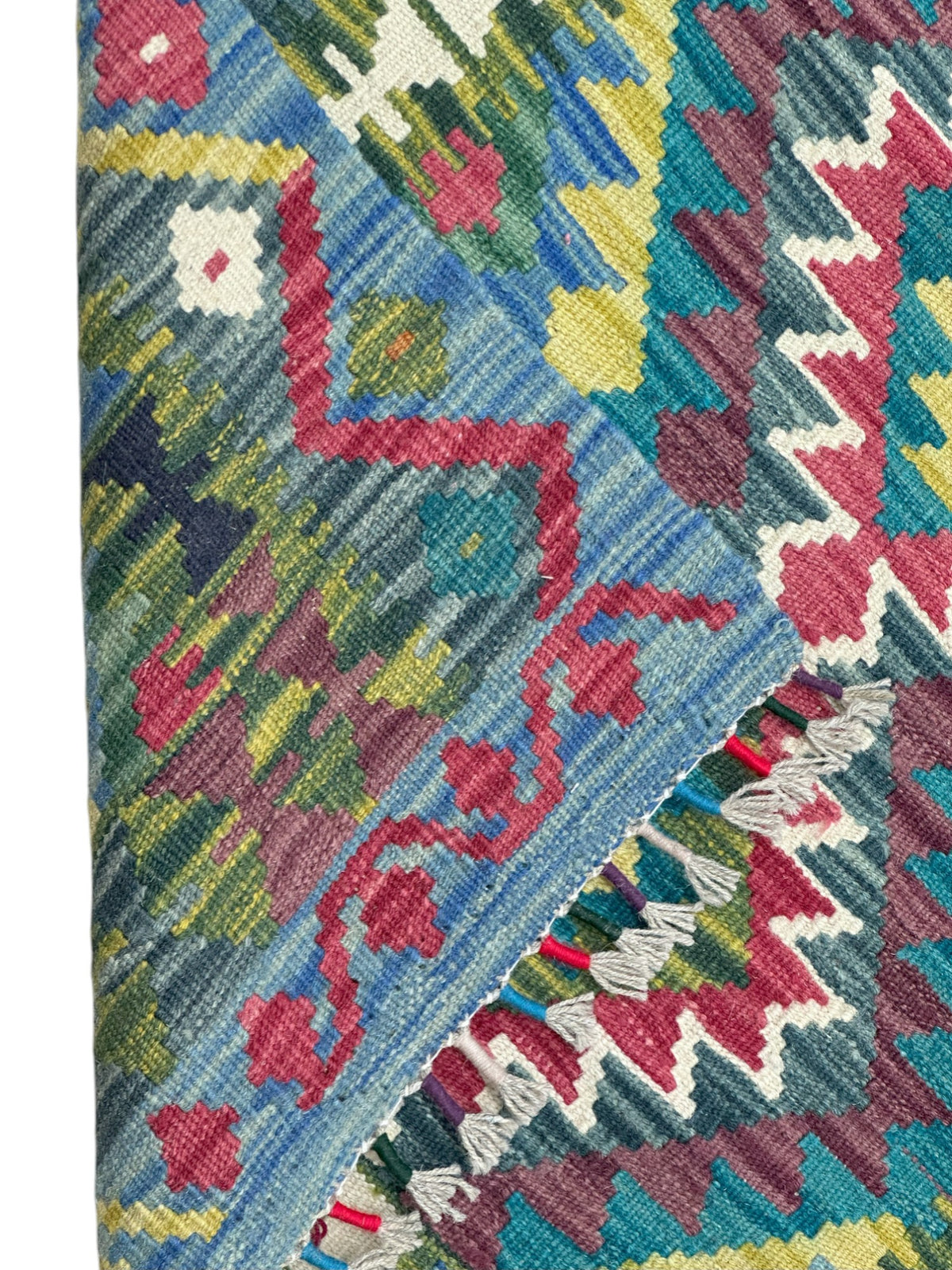 Afghan Kilim Rug 3x4, Blue, Olive Green & Pink, Hand-Woven Wool Flatweave, view 3