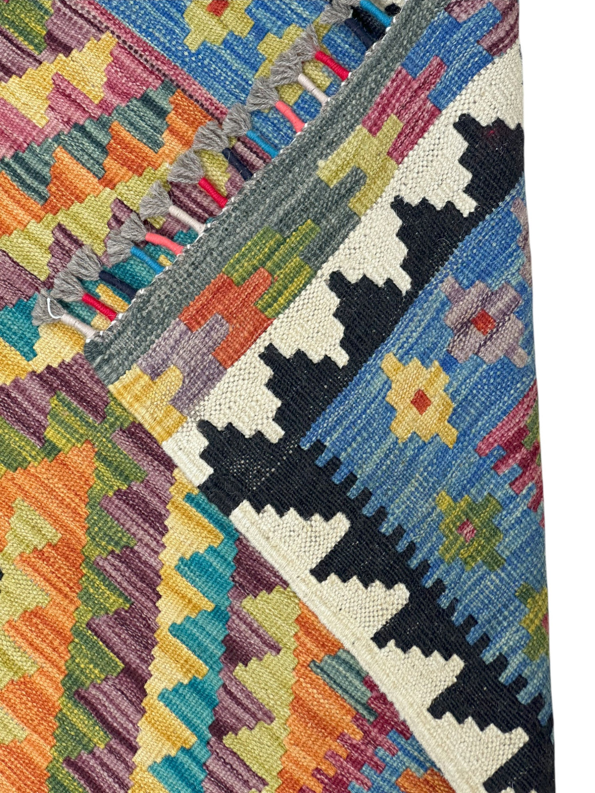 Afghan Kilim Runner 3x6, Gold, Orange & Blue, Hand-Woven Wool Flatweave, view 3