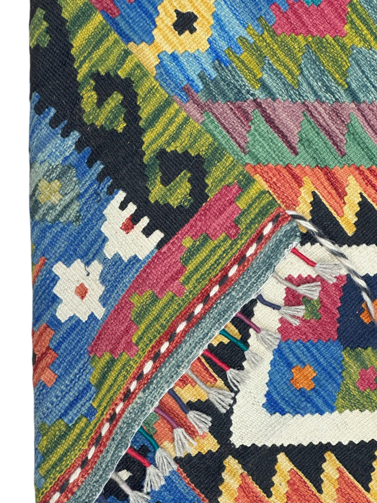 Afghan Kilim Rug 3x5, Blue, Olive Green & Orange, Hand-Woven Wool Flatweave, view 3