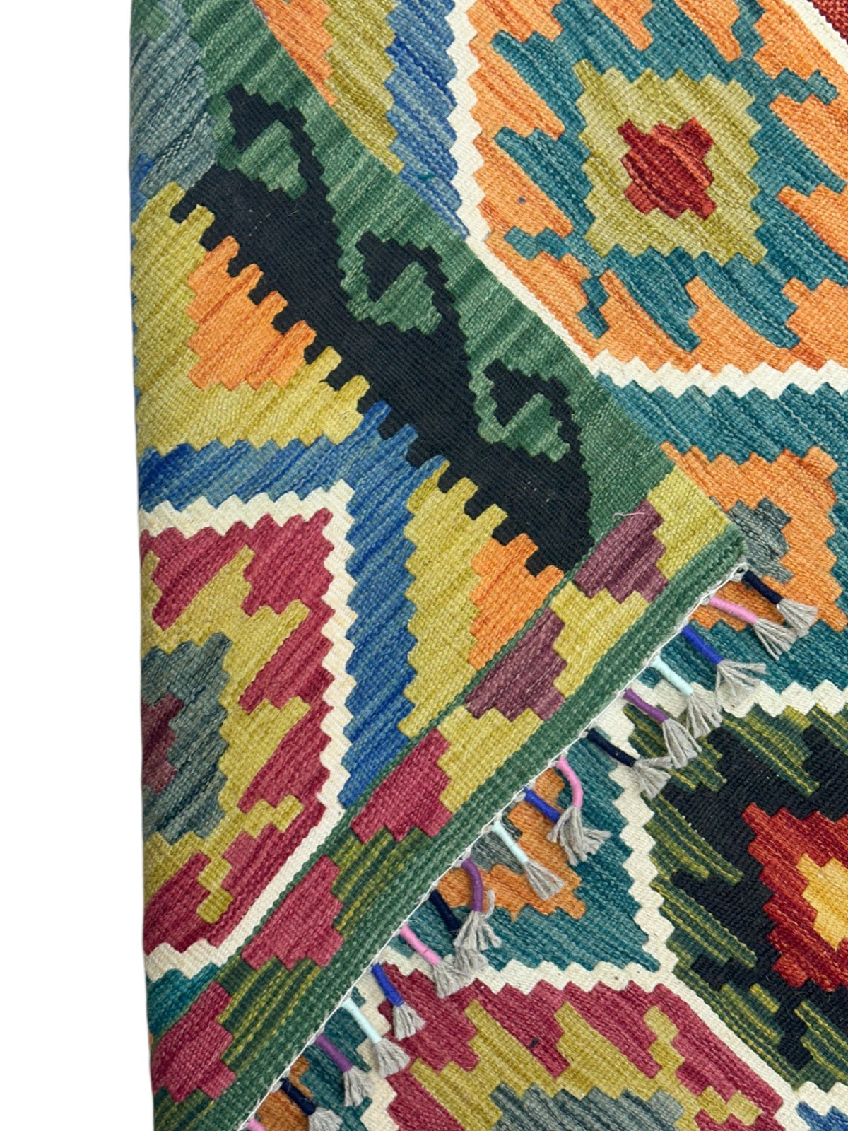 Afghan Kilim Rug 3x5, Green, Orange & Teal, Hand-Woven Wool Flatweave, view 3