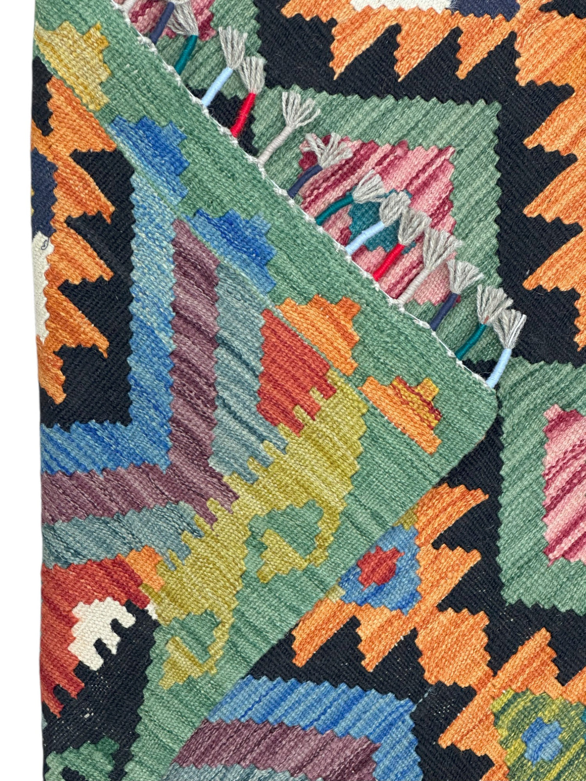 Afghan Kilim Rug 3x5, Black, Orange & Green, Hand-Woven Wool Flatweave, view 3