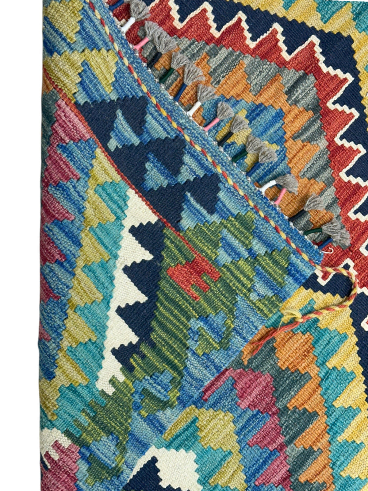 Afghan Kilim Rug 3x5, Teal, Olive Green & Rust, Hand-Woven Wool Flatweave, view 3