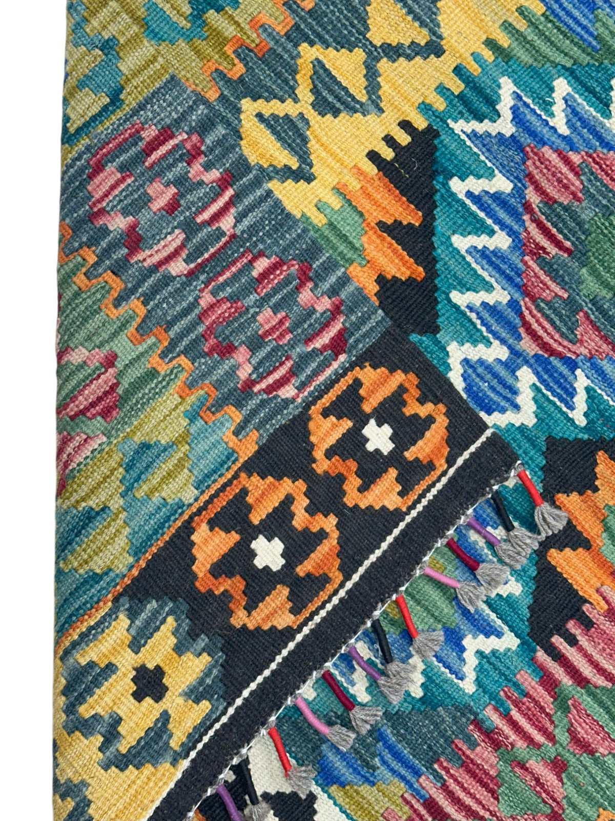 Afghan Kilim Rug 3x4, Teal, Olive Green & Black, Hand-Woven Wool Flatweave, view 3