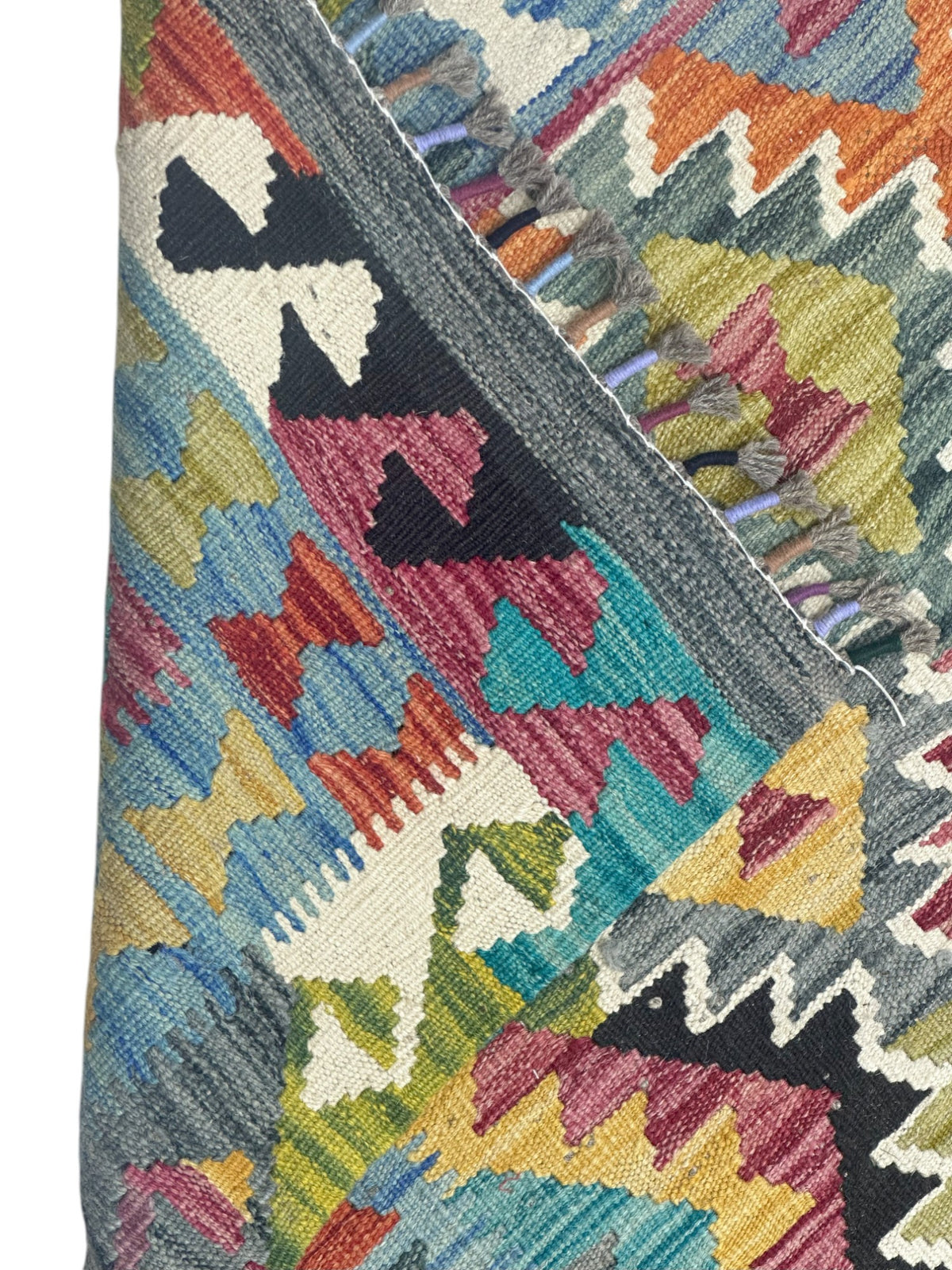 Afghan Kilim Rug 3x5, Gray, Teal & Gold, Hand-Woven Wool Flatweave, view 3
