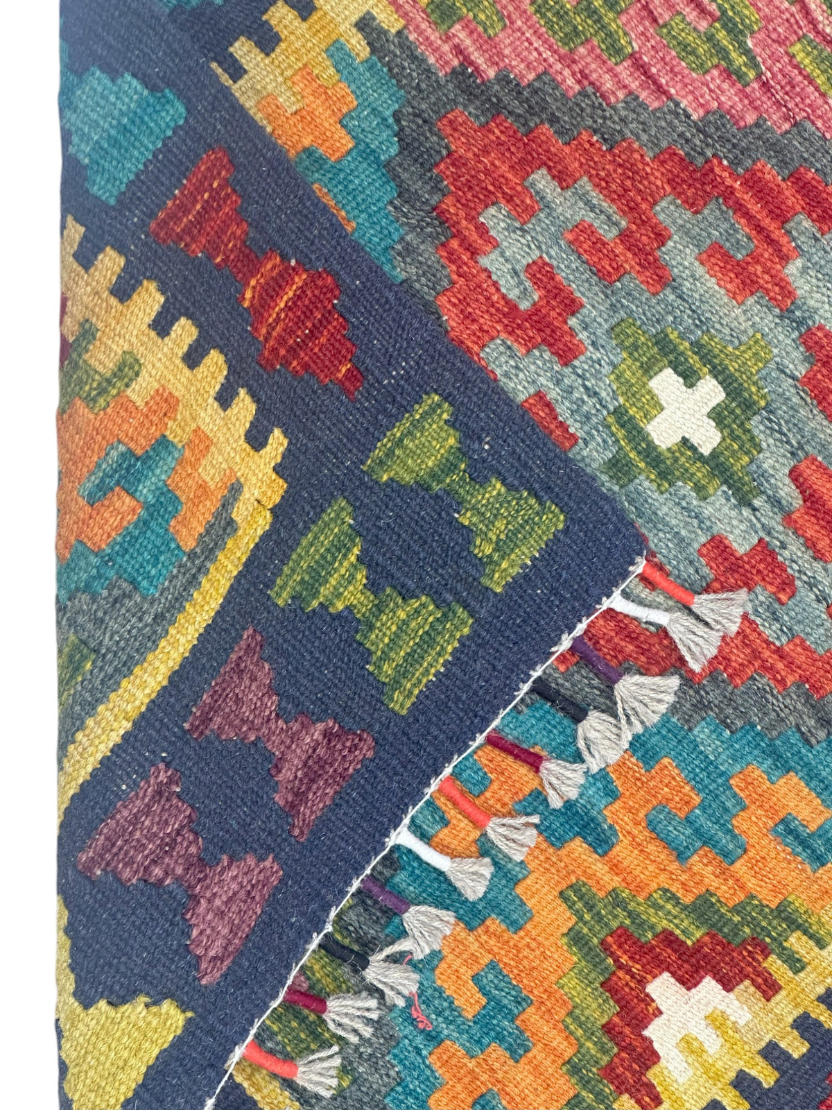 Afghan Kilim Runner 2x7, Navy, Teal & Orange, Hand-Woven Wool Flatweave, view 3