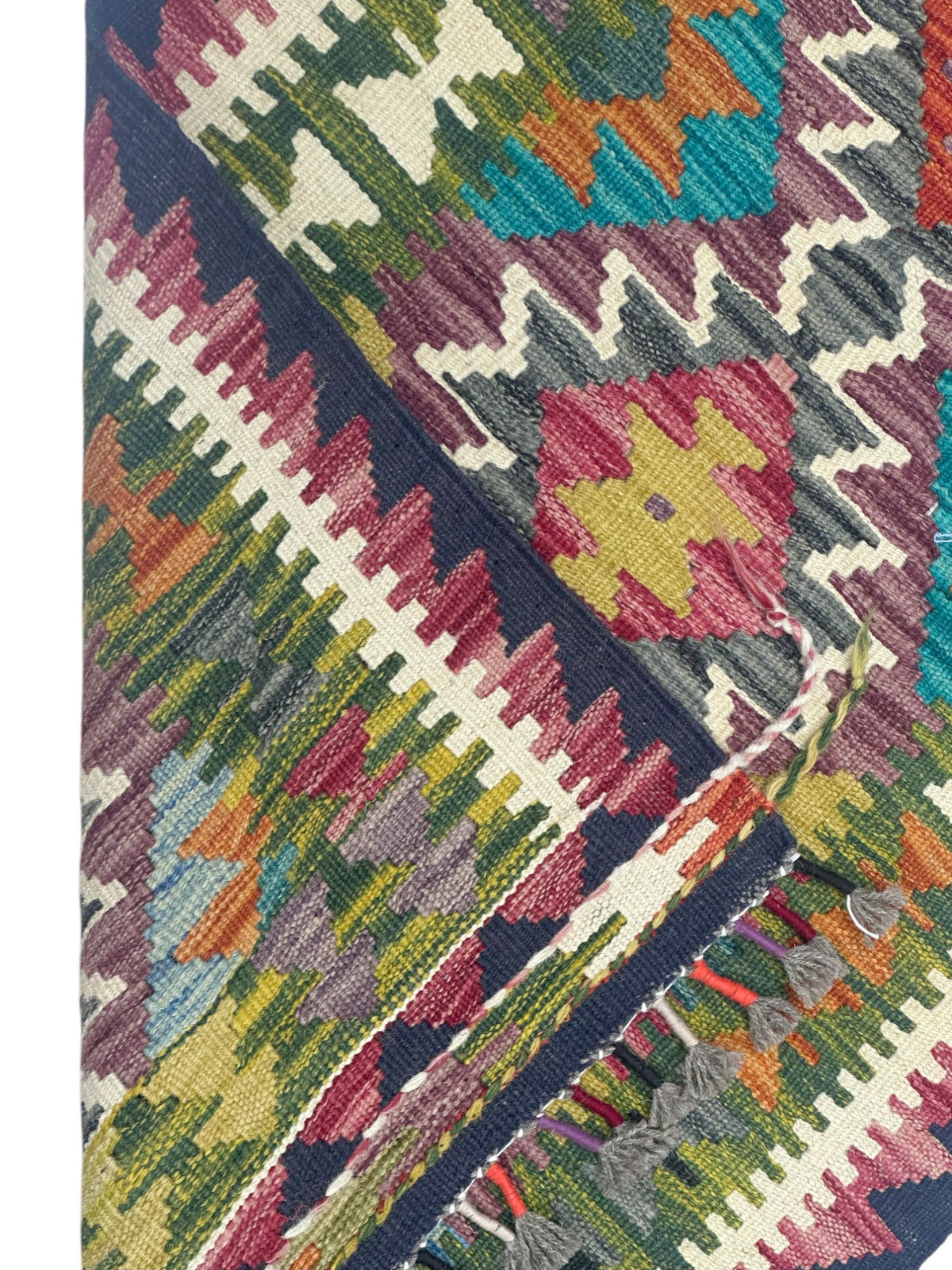 Afghan Kilim Runner 2x7, Navy, Rust & Olive Green, Hand-Woven Wool Flatweave, view 3