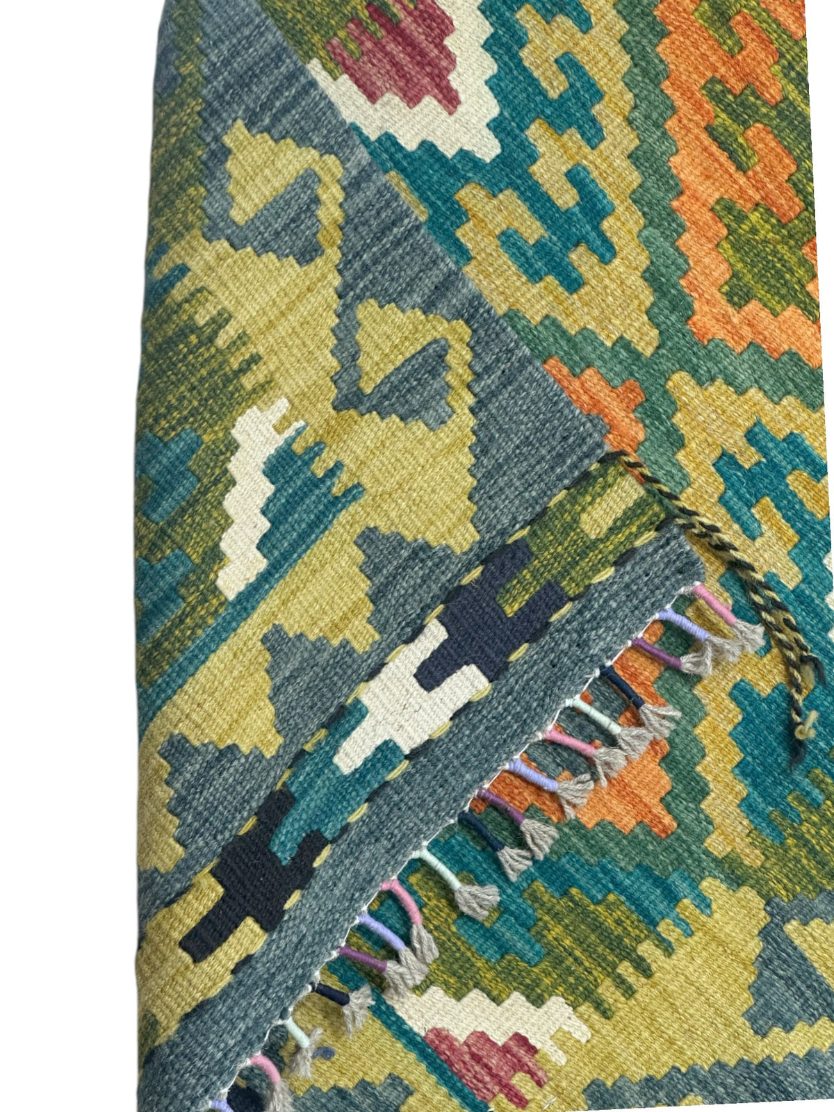 Afghan Kilim Runner 2x6, Teal, Olive Green & Orange, Hand-Woven Wool Flatweave, view 3