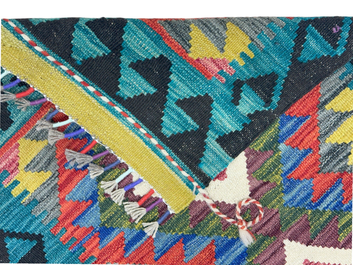 Afghan Kilim Runner 2x6, Teal, Black & Pink, Hand-Woven Wool Flatweave, view 3