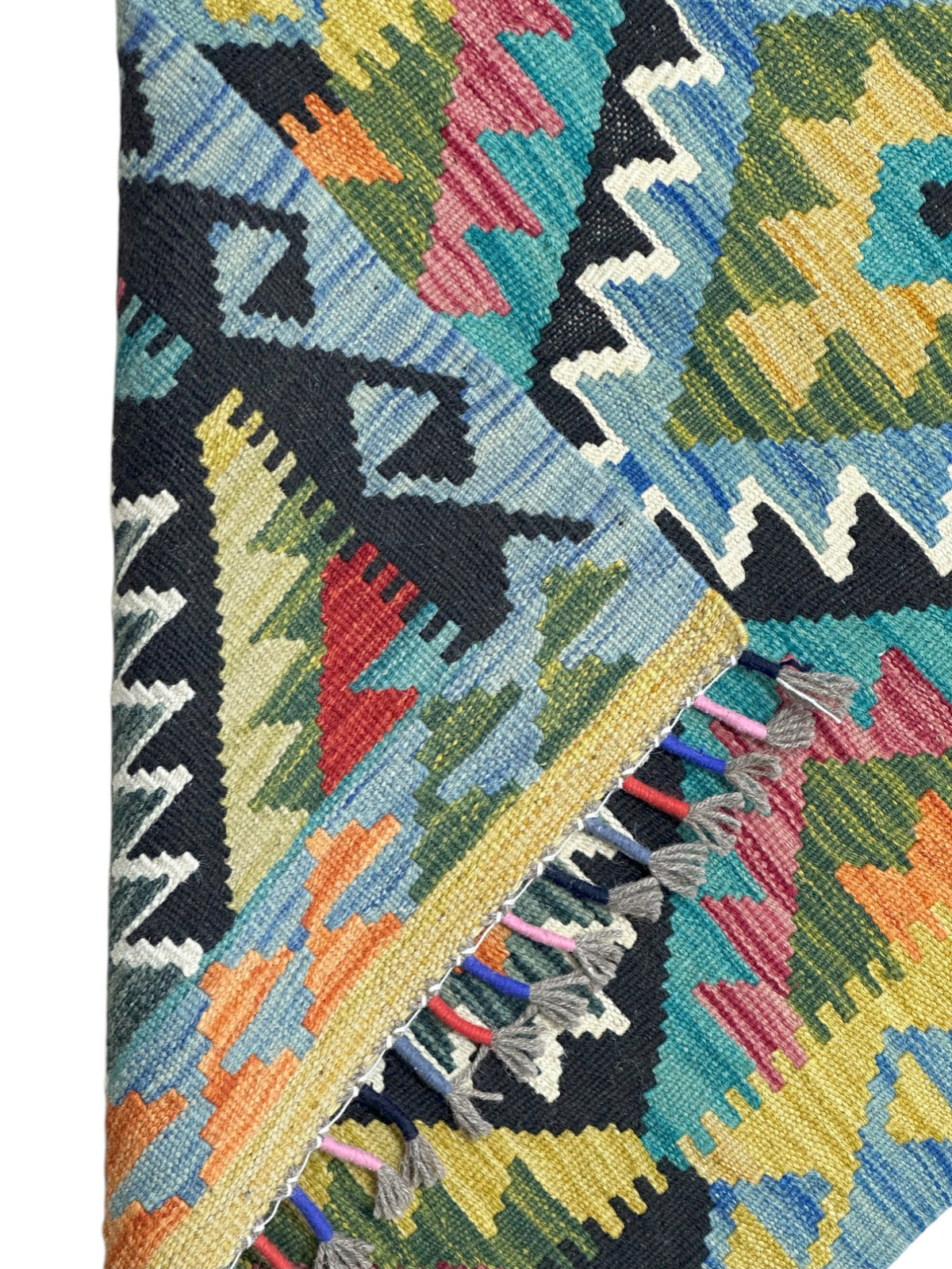 Afghan Kilim Runner 2x6, Blue, Black & Olive Green, Hand-Woven Wool Flatweave, view 3