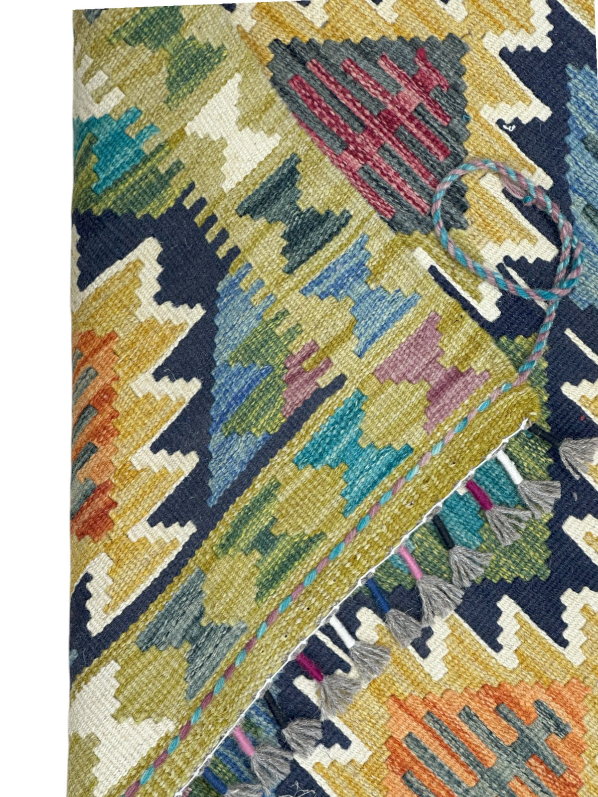 Afghan Kilim Runner 3x7, Olive Green, Navy & Gold, Hand-Woven Wool Flatweave, view 3