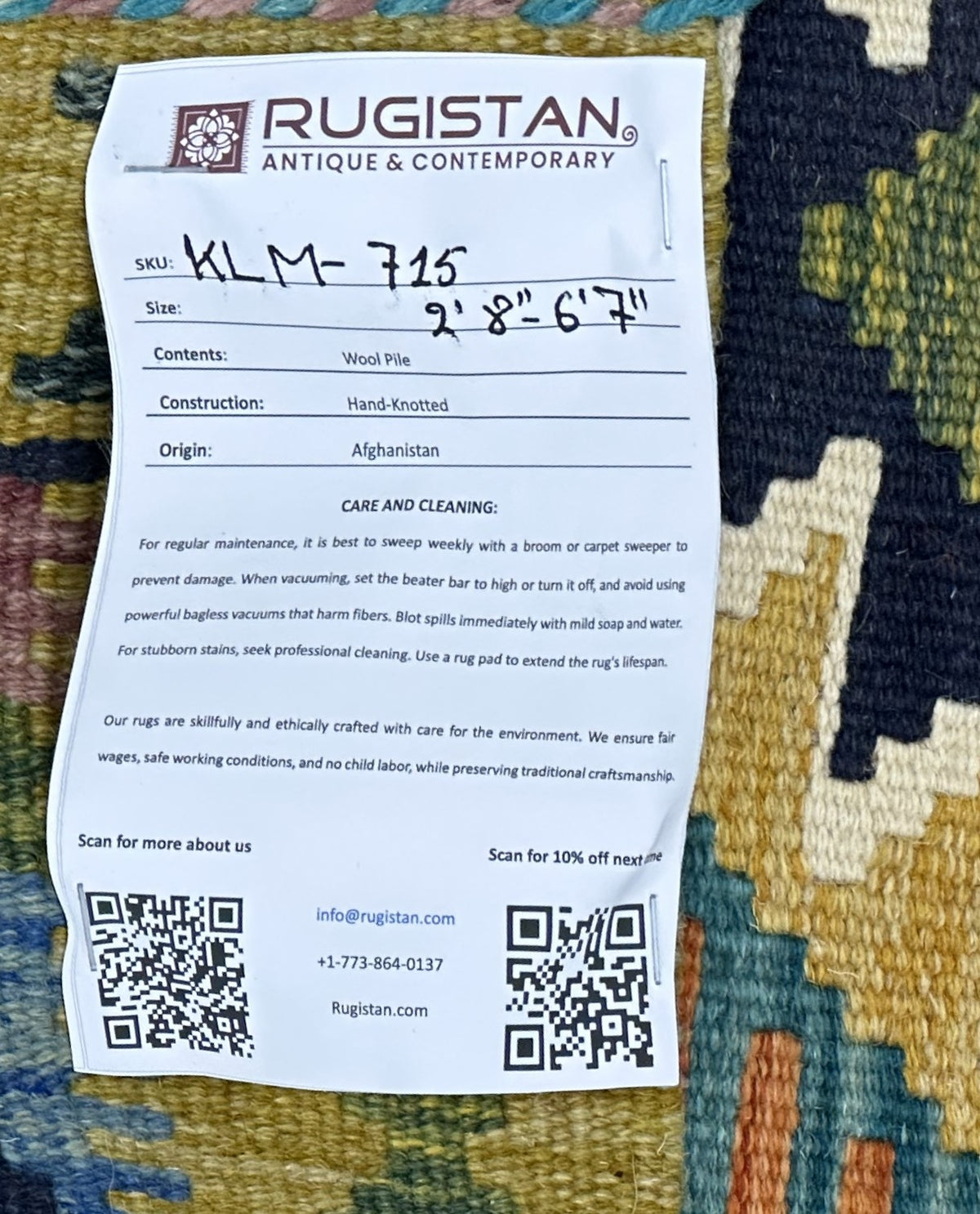 Afghan Kilim Runner 3x7, Olive Green, Navy & Gold, Hand-Woven Wool Flatweave, view 4