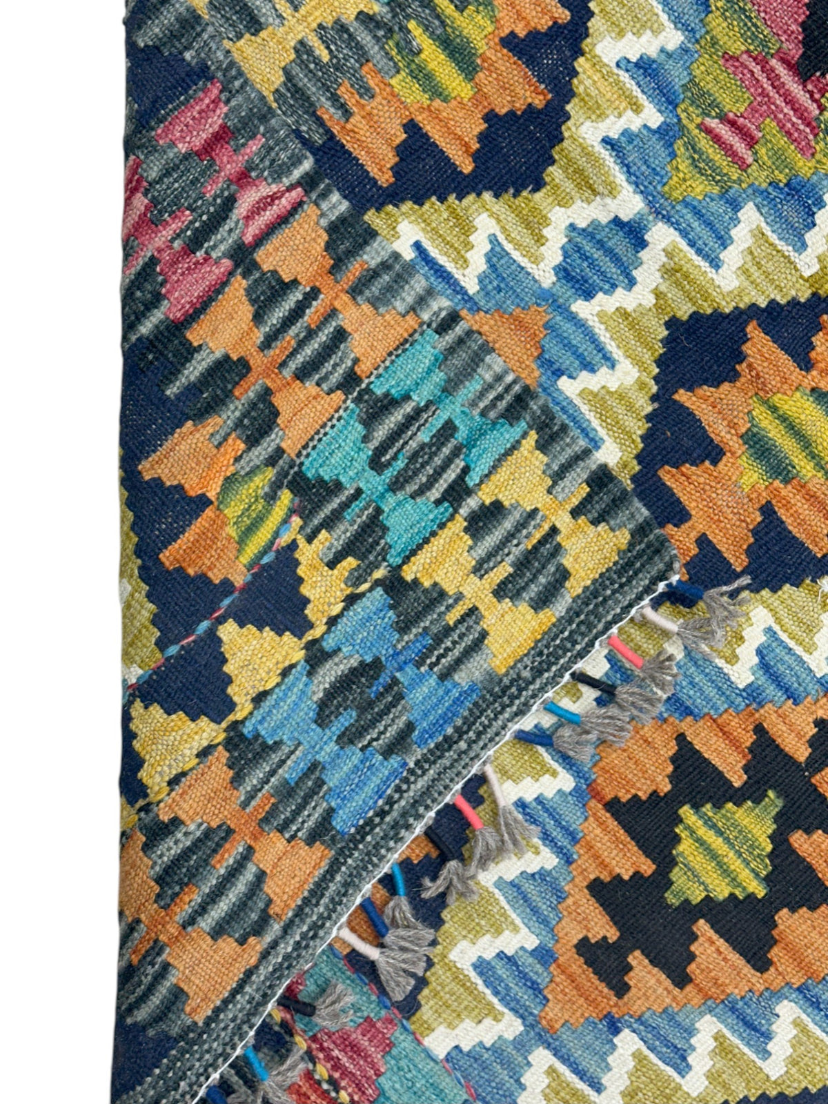Afghan Kilim Runner 3x7, Teal, Navy & Ivory, Hand-Woven Wool Flatweave, view 3
