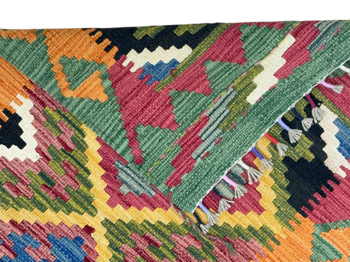 Afghan Kilim Runner 2x6, Green, Orange & Pink, Hand-Woven Wool Flatweave, view 3