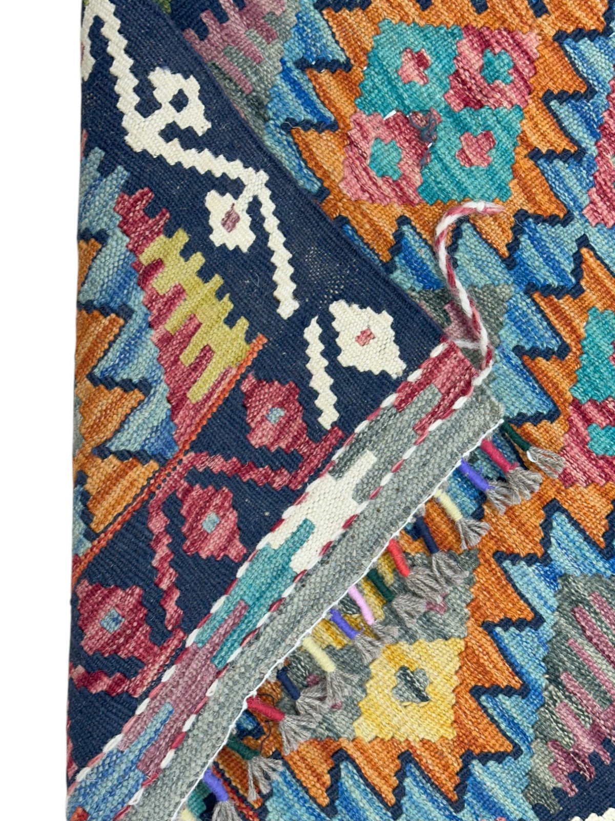 Afghan Kilim Runner 2x6, Navy, Orange & Teal, Hand-Woven Wool Flatweave, view 3