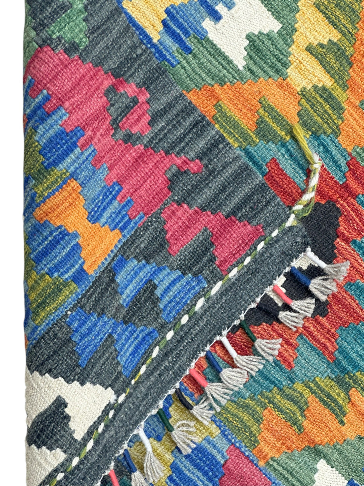 Afghan Kilim Runner 3x6, Green, Orange & Teal, Hand-Woven Wool Flatweave, view 3